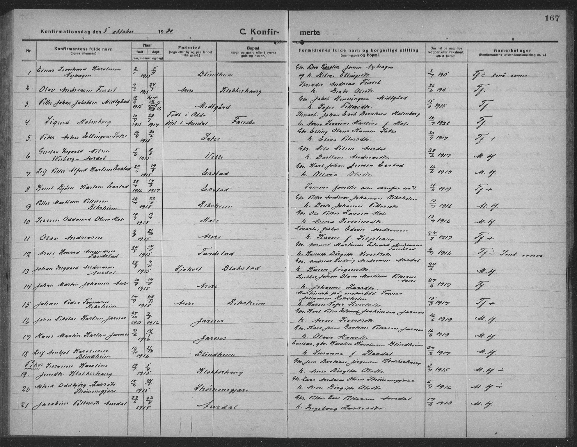 Ministerialprotokoller, klokkerbøker og fødselsregistre - Møre og Romsdal, AV/SAT-A-1454/523/L0342: Parish register (copy) no. 523C05, 1916-1937, p. 167