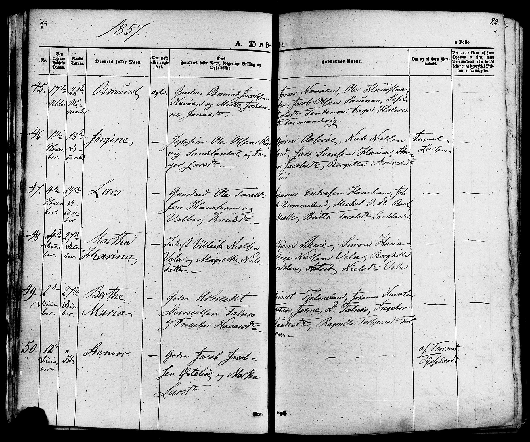 Sand sokneprestkontor, AV/SAST-A-101848/01/III/L0003: Parish register (official) no. A 3, 1854-1879, p. 23