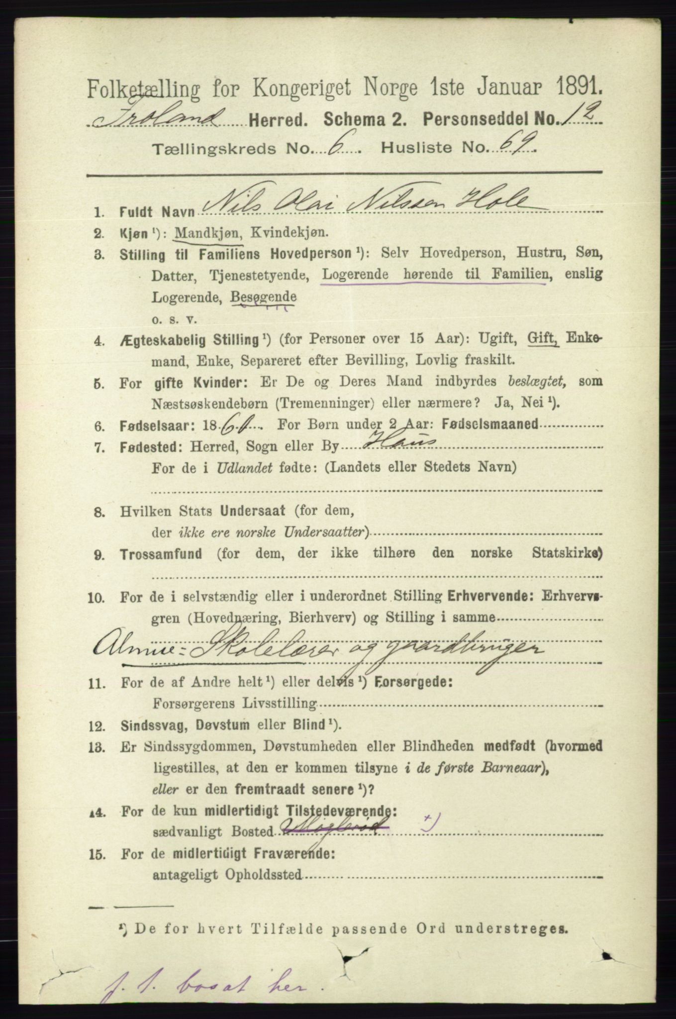 RA, 1891 census for 0919 Froland, 1891, p. 2621