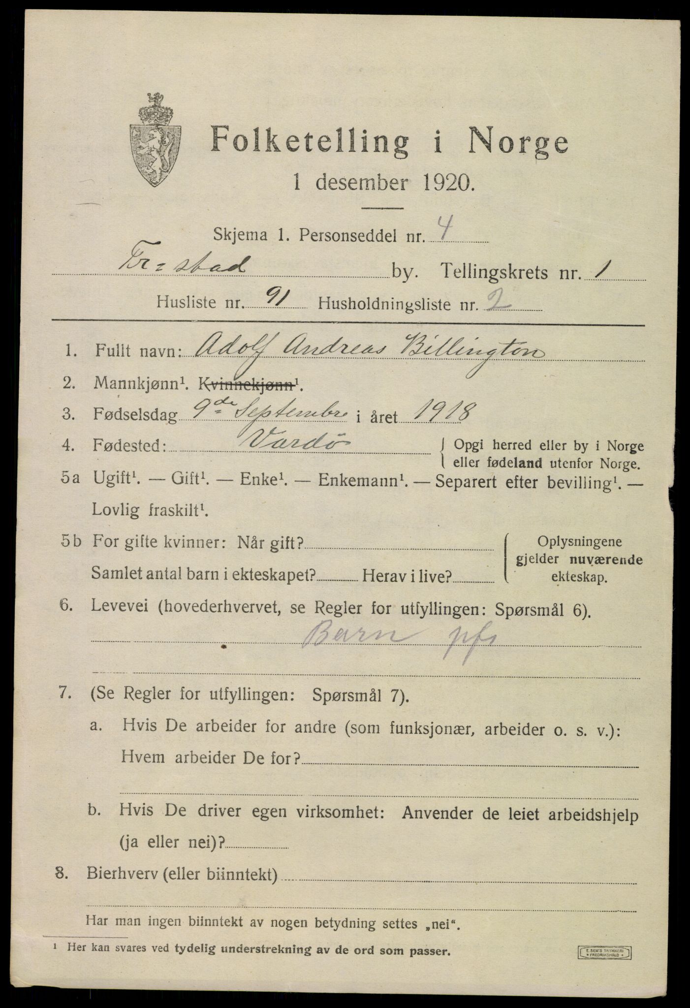 SAO, 1920 census for Fredrikstad, 1920, p. 13555