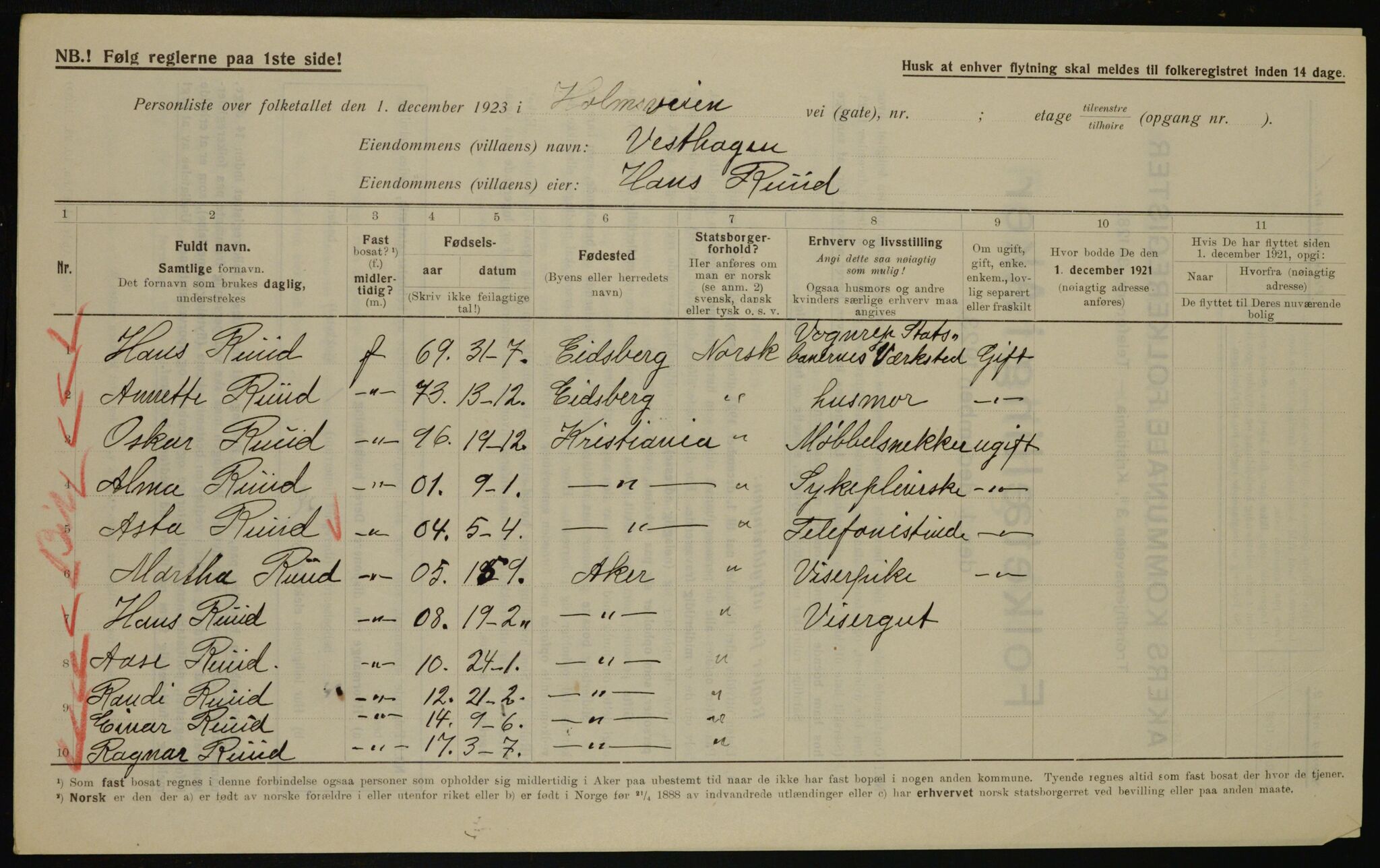 , Municipal Census 1923 for Aker, 1923, p. 39539