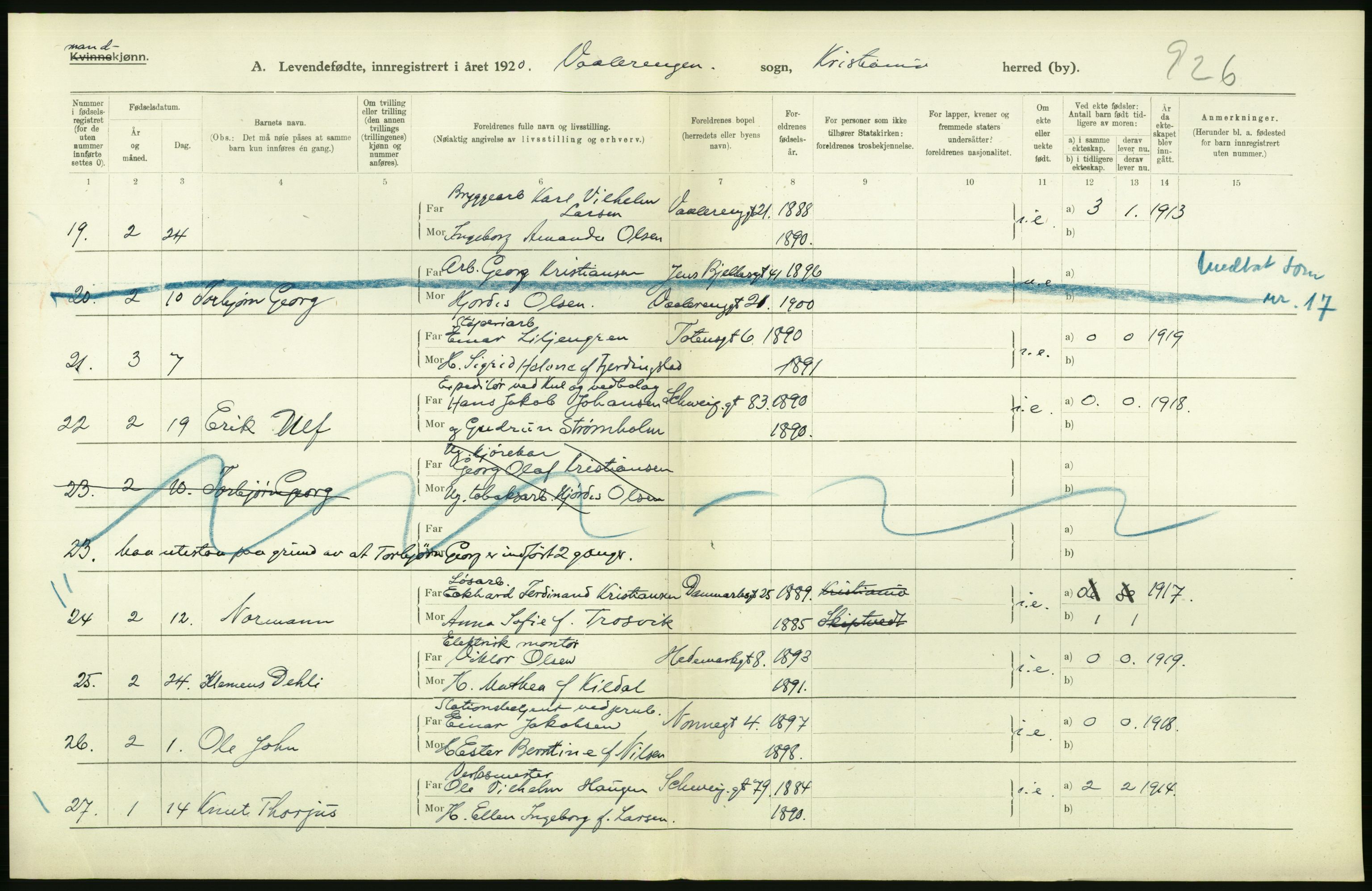 Statistisk sentralbyrå, Sosiodemografiske emner, Befolkning, AV/RA-S-2228/D/Df/Dfb/Dfbj/L0008: Kristiania: Levendefødte menn og kvinner., 1920, p. 86