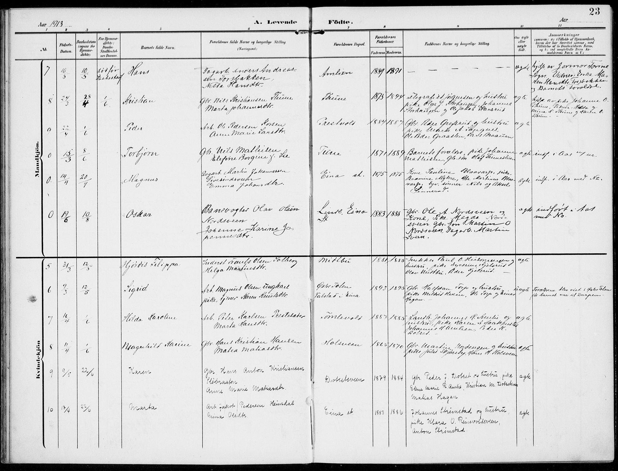 Kolbu prestekontor, SAH/PREST-110/H/Ha/Haa/L0001: Parish register (official) no. 1, 1907-1923, p. 23