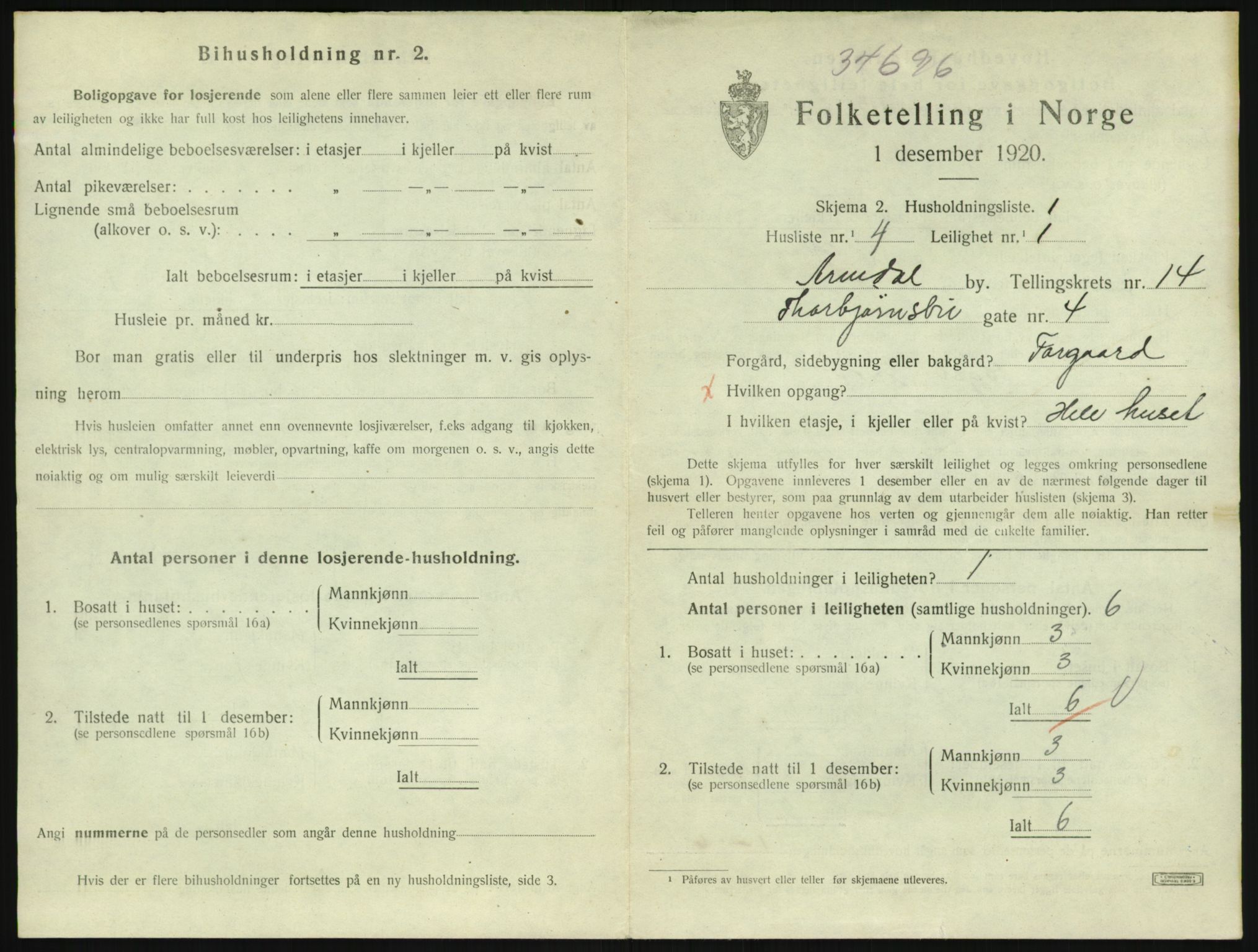 SAK, 1920 census for Arendal, 1920, p. 6976