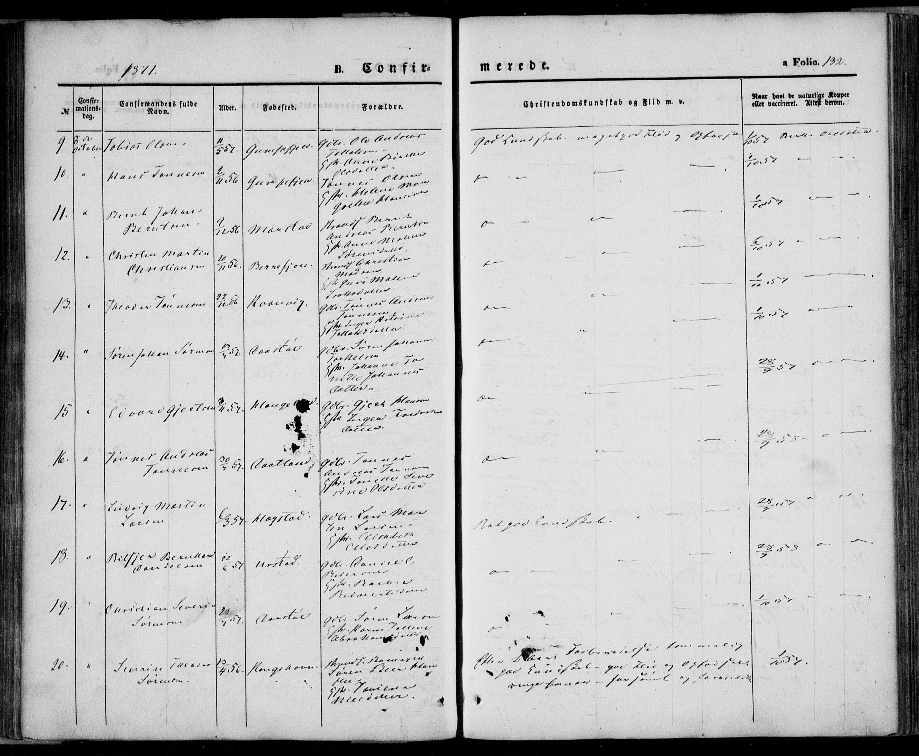 Flekkefjord sokneprestkontor, SAK/1111-0012/F/Fa/Fab/L0004: Parish register (official) no. A 4, 1850-1875, p. 132