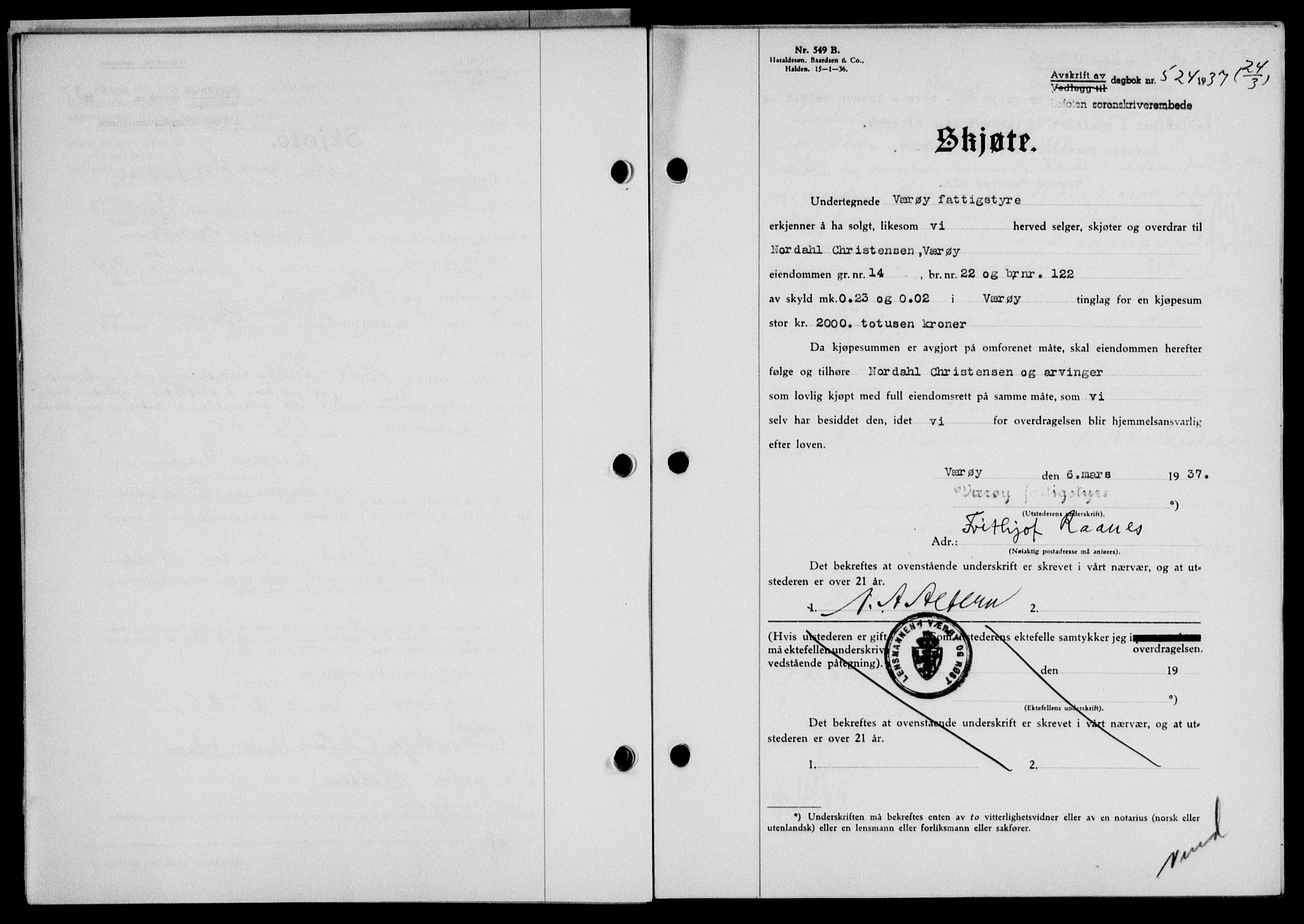 Lofoten sorenskriveri, SAT/A-0017/1/2/2C/L0002a: Mortgage book no. 2a, 1937-1937, Diary no: : 524/1937