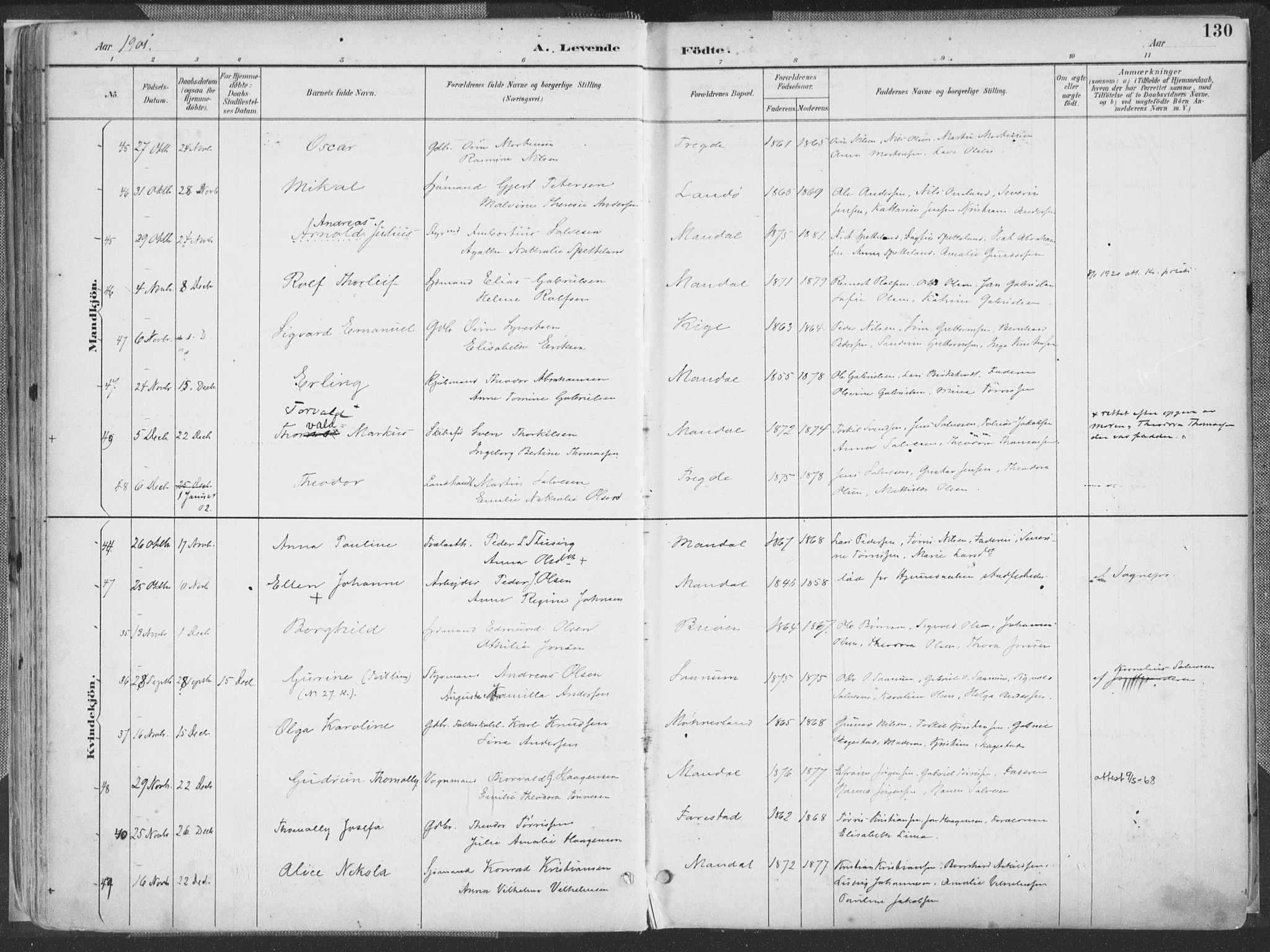 Mandal sokneprestkontor, AV/SAK-1111-0030/F/Fa/Faa/L0018: Parish register (official) no. A 18, 1890-1905, p. 130