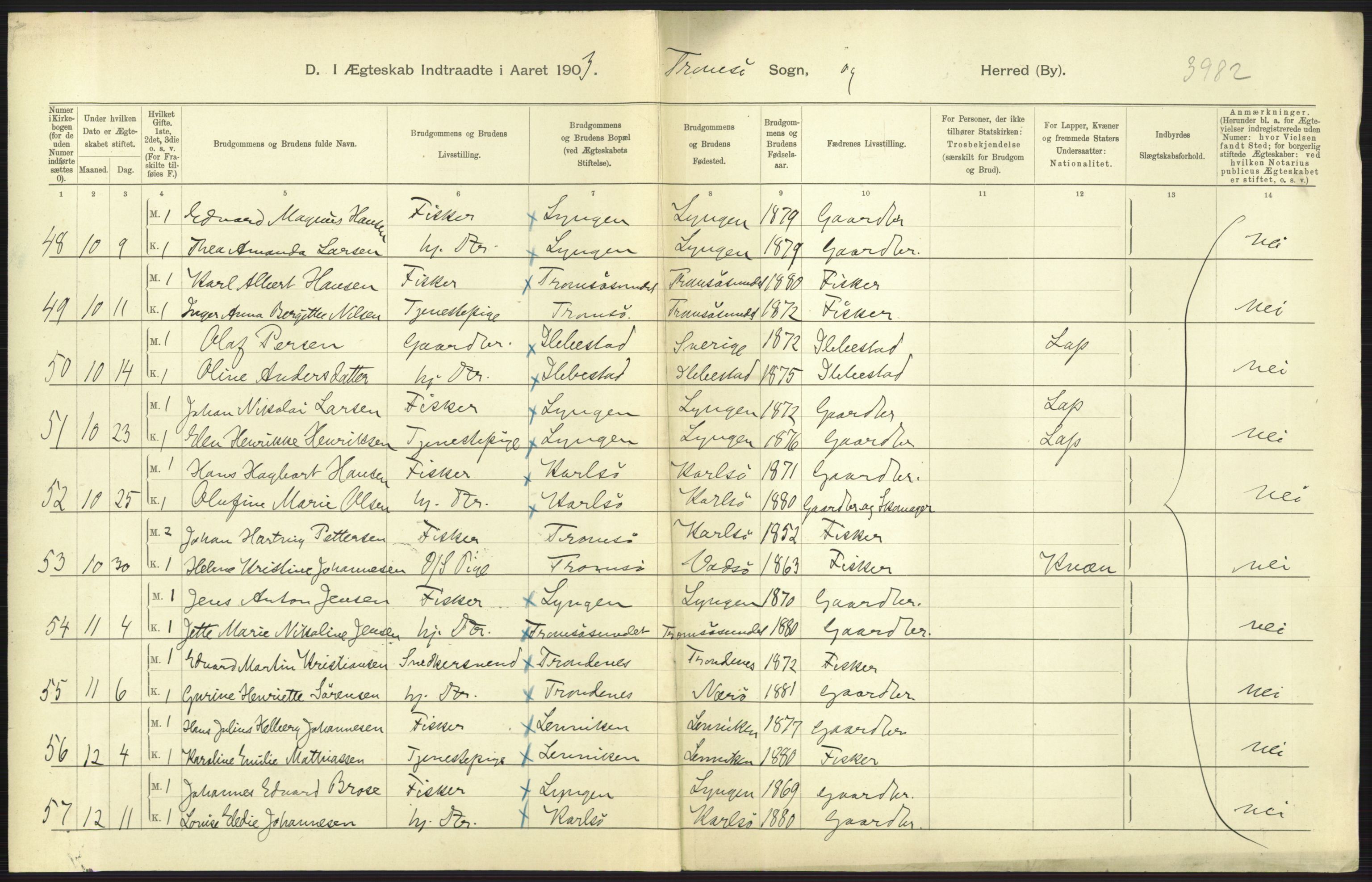 Statistisk sentralbyrå, Sosiodemografiske emner, Befolkning, AV/RA-S-2228/D/Df/Dfa/Dfaa/L0021: Tromsø amt: Fødte, gifte, døde., 1903, p. 375