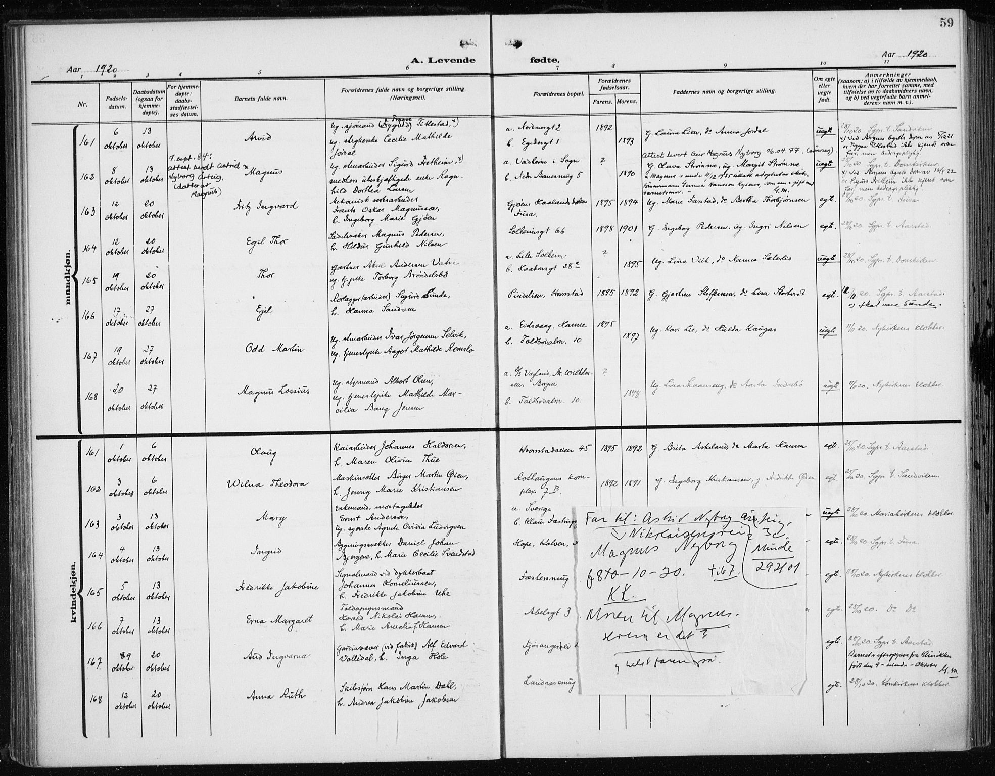 Fødselsstiftelsens sokneprestembete*, SAB/-: Parish register (official) no. A 5, 1918-1926, p. 59