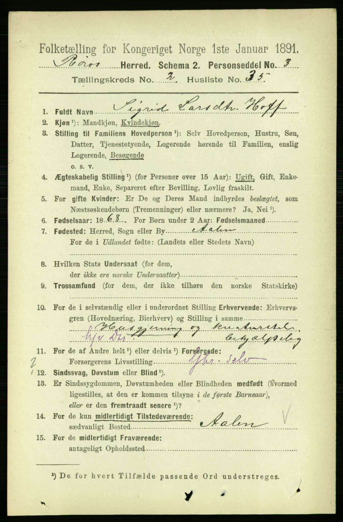 RA, 1891 census for 1640 Røros, 1891, p. 485