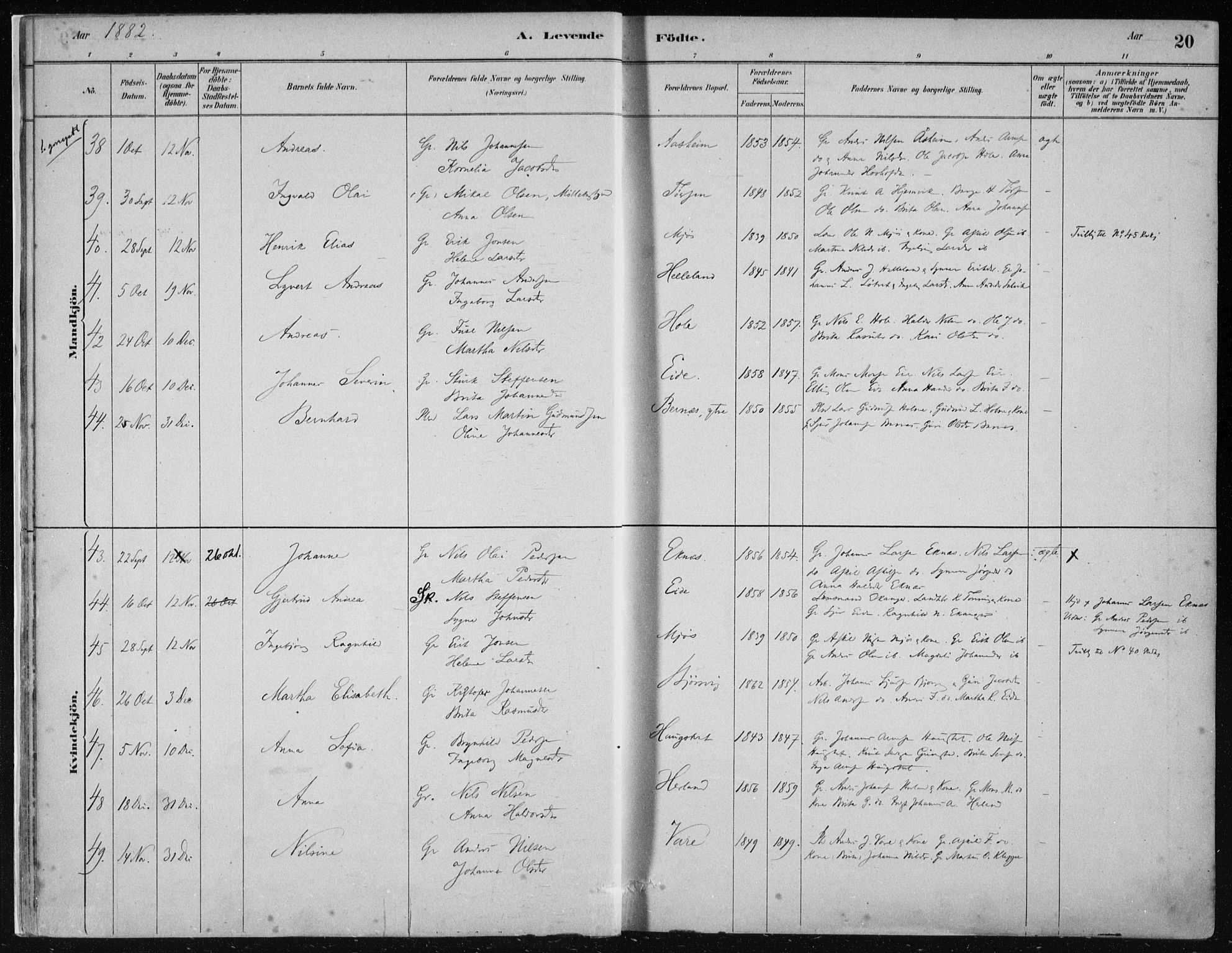 Hosanger sokneprestembete, AV/SAB-A-75801/H/Haa: Parish register (official) no. B  1, 1880-1896, p. 20