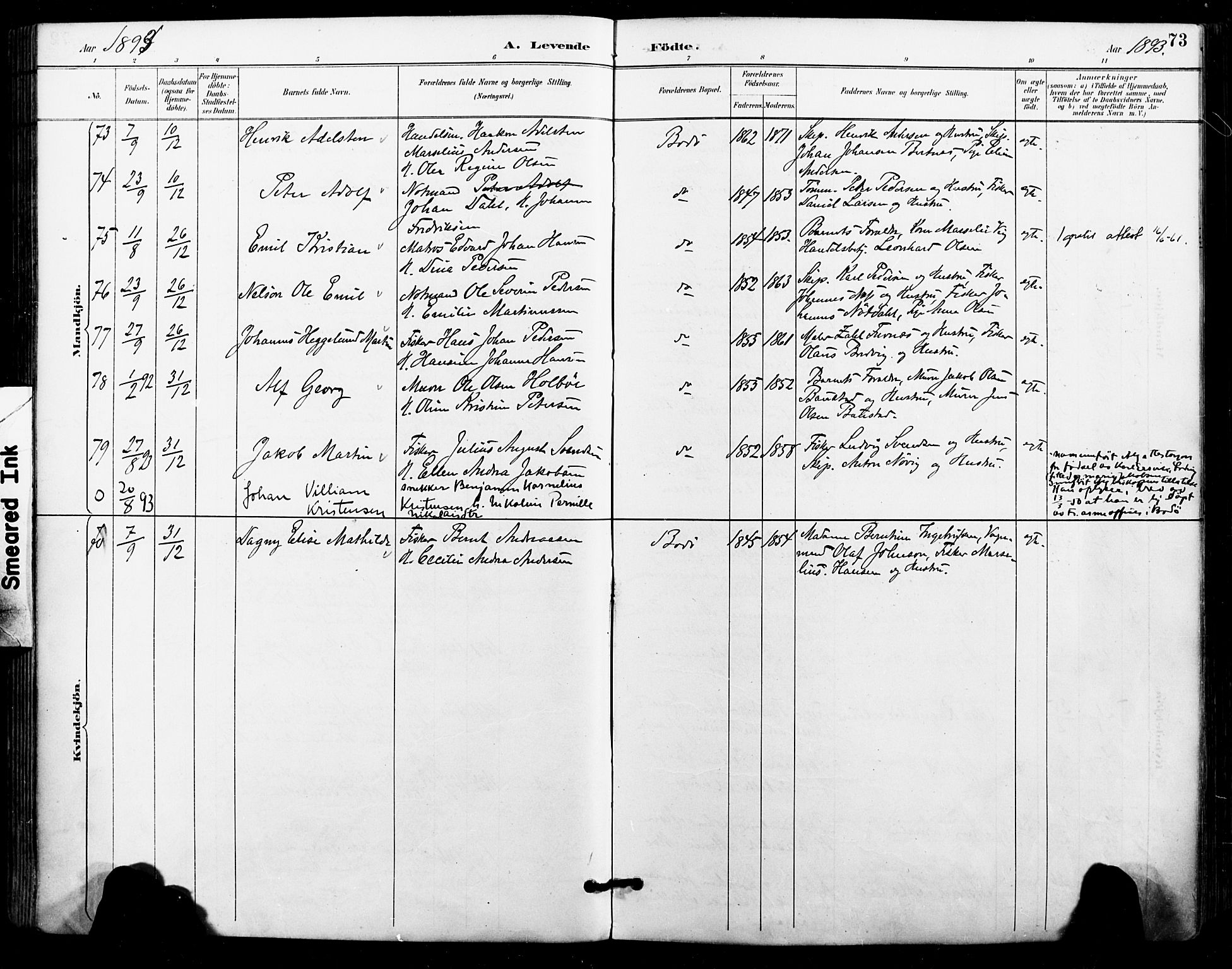 Ministerialprotokoller, klokkerbøker og fødselsregistre - Nordland, AV/SAT-A-1459/801/L0010: Parish register (official) no. 801A10, 1888-1899, p. 73