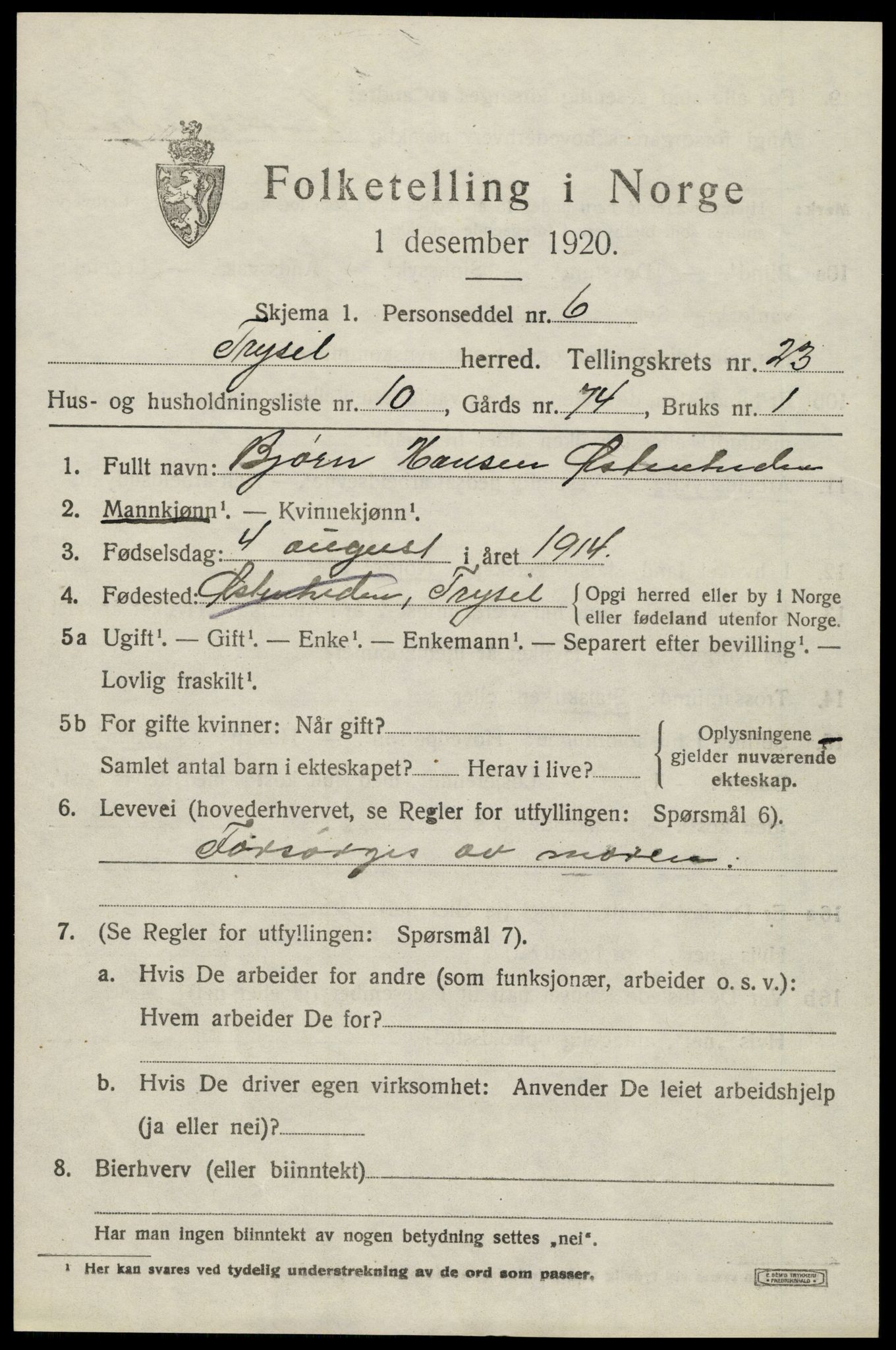 SAH, 1920 census for Trysil, 1920, p. 14957