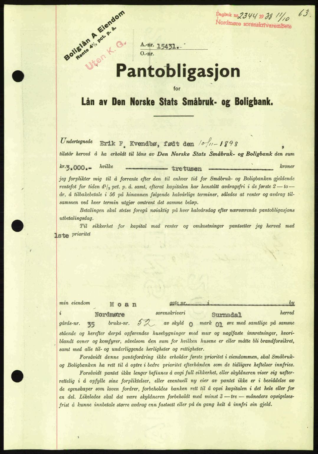 Nordmøre sorenskriveri, SAT/A-4132/1/2/2Ca: Mortgage book no. B84, 1938-1939, Diary no: : 2344/1938
