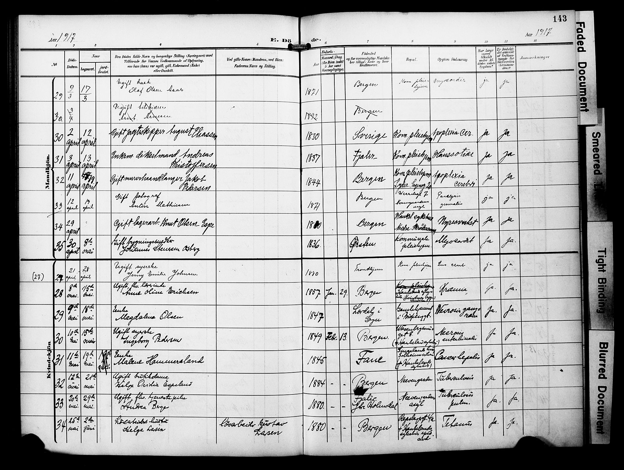 Bergen kommunale pleiehjem - stiftelsespresten, AV/SAB-A-100281: Parish register (official) no. A 6, 1908-1920, p. 143