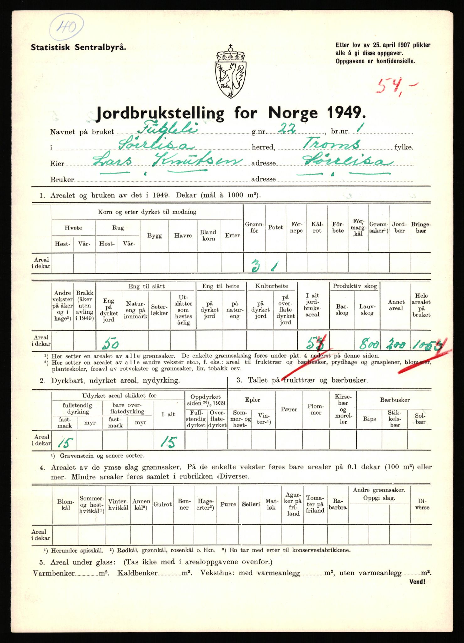 Statistisk sentralbyrå, Næringsøkonomiske emner, Jordbruk, skogbruk, jakt, fiske og fangst, AV/RA-S-2234/G/Gc/L0440: Troms: Sørreisa og Dyrøy, 1949, p. 798