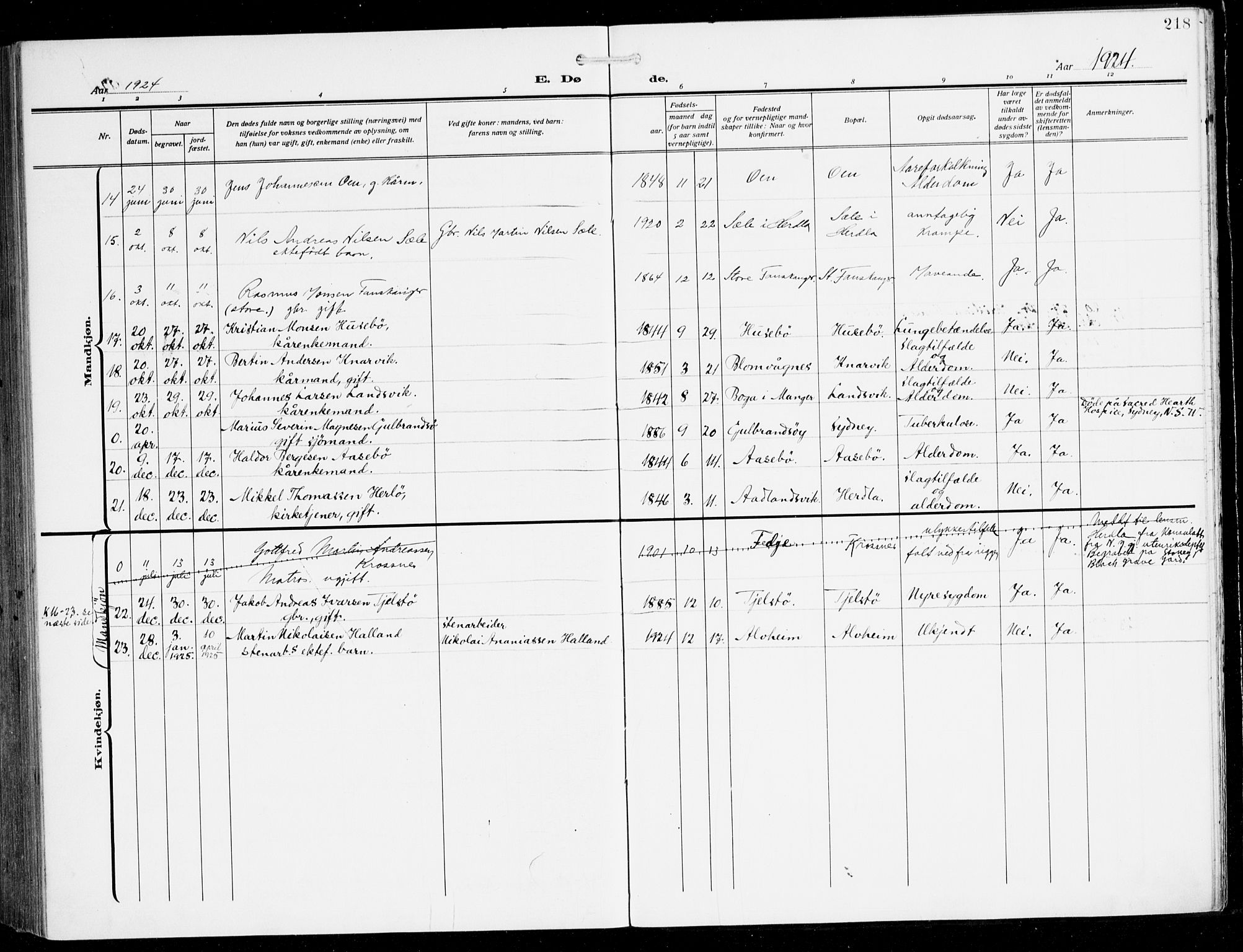 Herdla Sokneprestembete, AV/SAB-A-75701/H/Hab: Parish register (copy) no. C 2, 1913-1926, p. 218