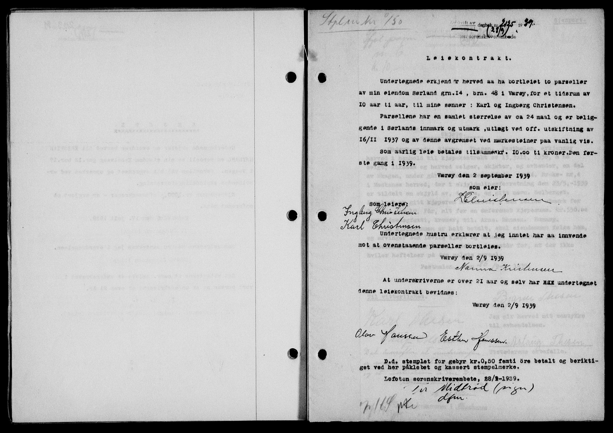 Lofoten sorenskriveri, SAT/A-0017/1/2/2C/L0006a: Mortgage book no. 6a, 1939-1939, Diary no: : 2125/1939