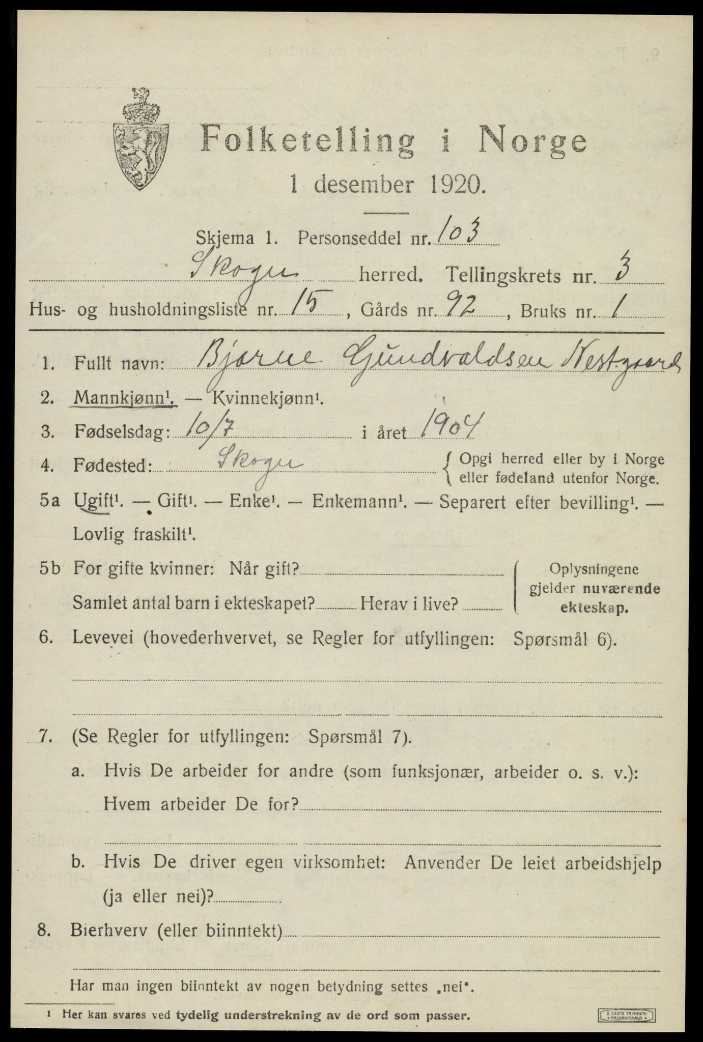 SAT, 1920 census for Skogn, 1920, p. 4799