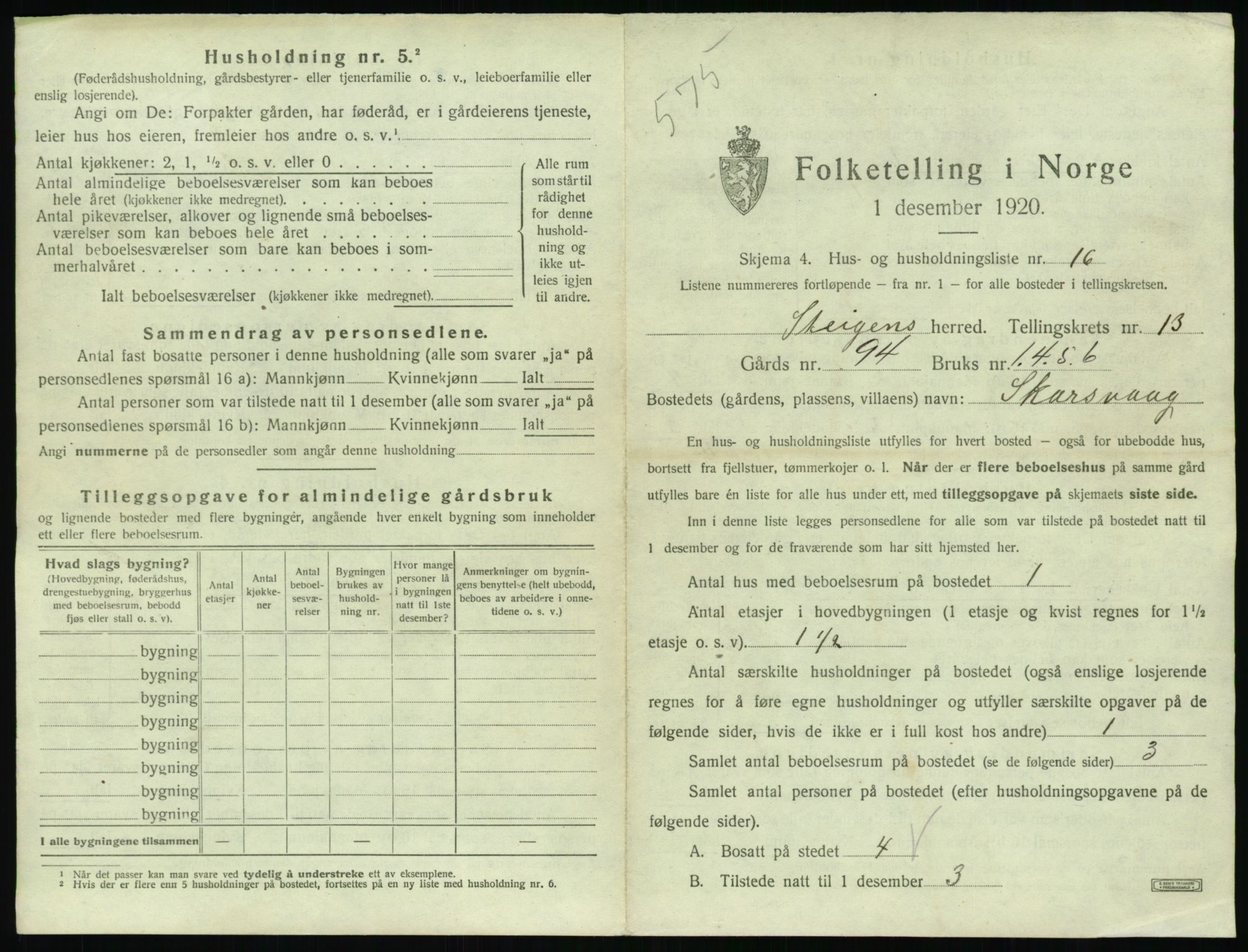 SAT, 1920 census for Steigen, 1920, p. 832