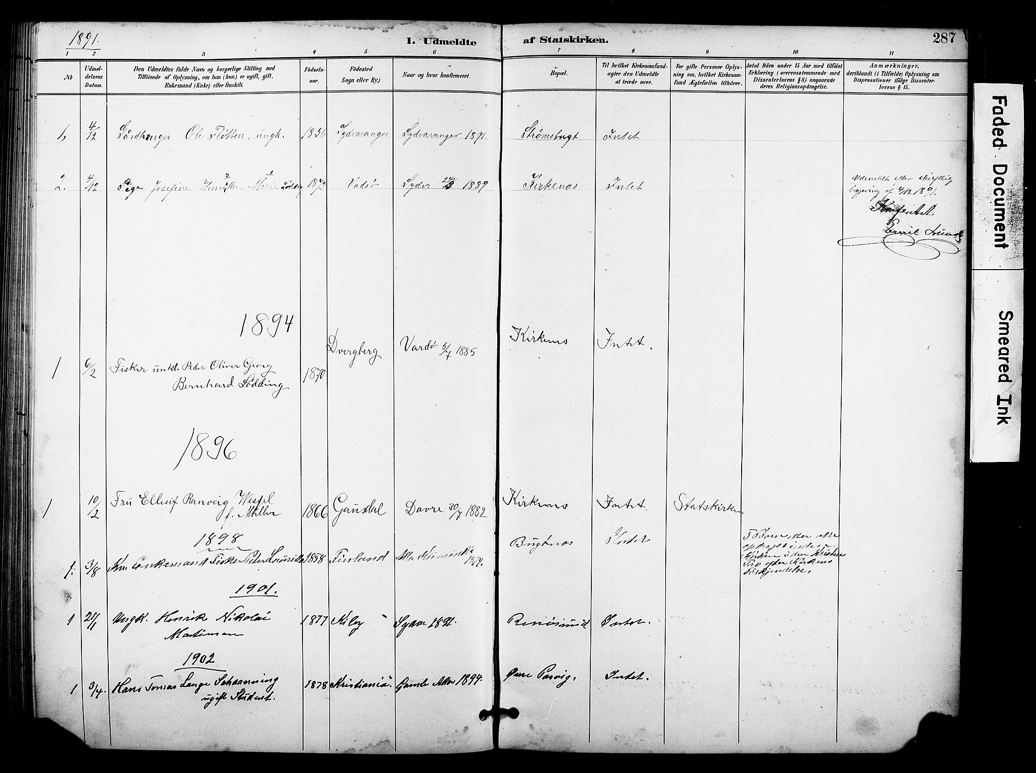 Sør-Varanger sokneprestkontor, SATØ/S-1331/H/Hb/L0004klokker: Parish register (copy) no. 4, 1891-1912, p. 287