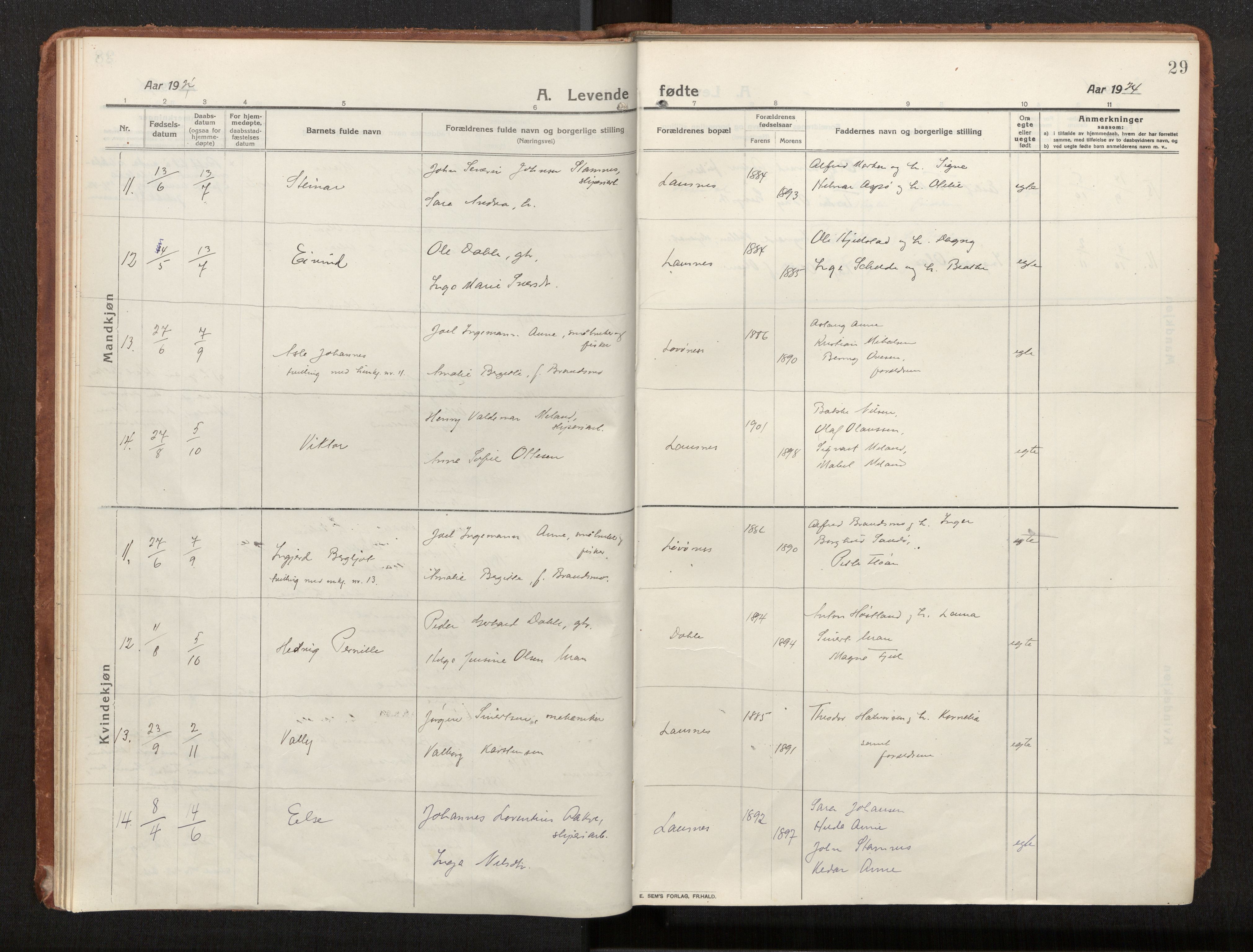 Ministerialprotokoller, klokkerbøker og fødselsregistre - Nord-Trøndelag, AV/SAT-A-1458/772/L0604: Parish register (official) no. 772A02, 1913-1937, p. 29