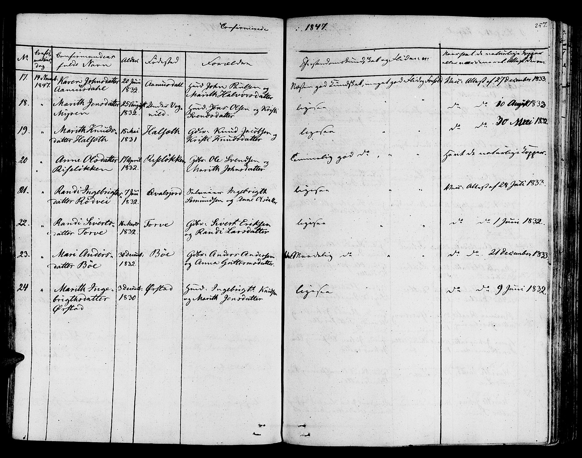 Ministerialprotokoller, klokkerbøker og fødselsregistre - Sør-Trøndelag, AV/SAT-A-1456/678/L0897: Parish register (official) no. 678A06-07, 1821-1847, p. 257