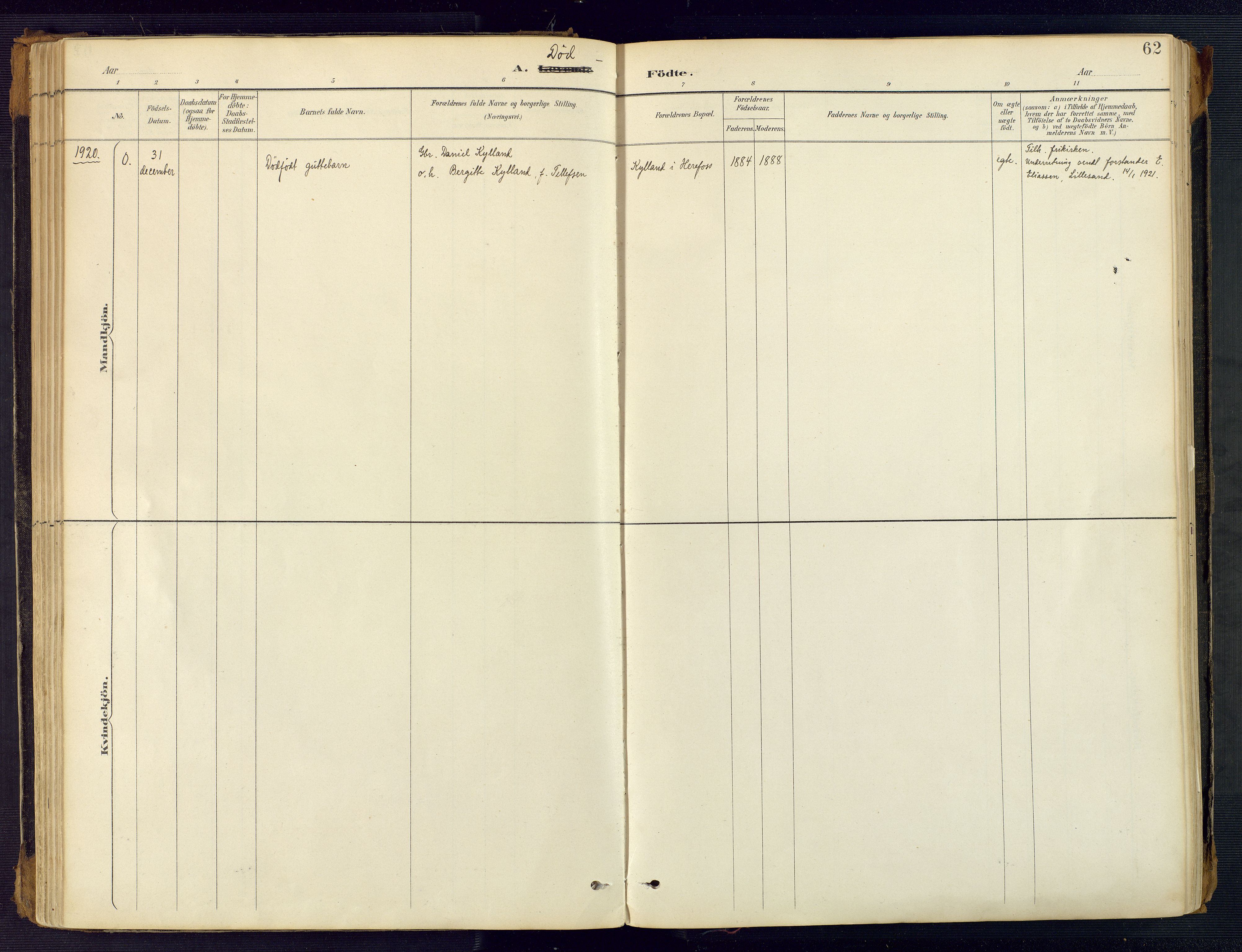 Herefoss sokneprestkontor, SAK/1111-0019/F/Fa/Faa/L0003: Parish register (official) no. A 3, 1887-1930, p. 62