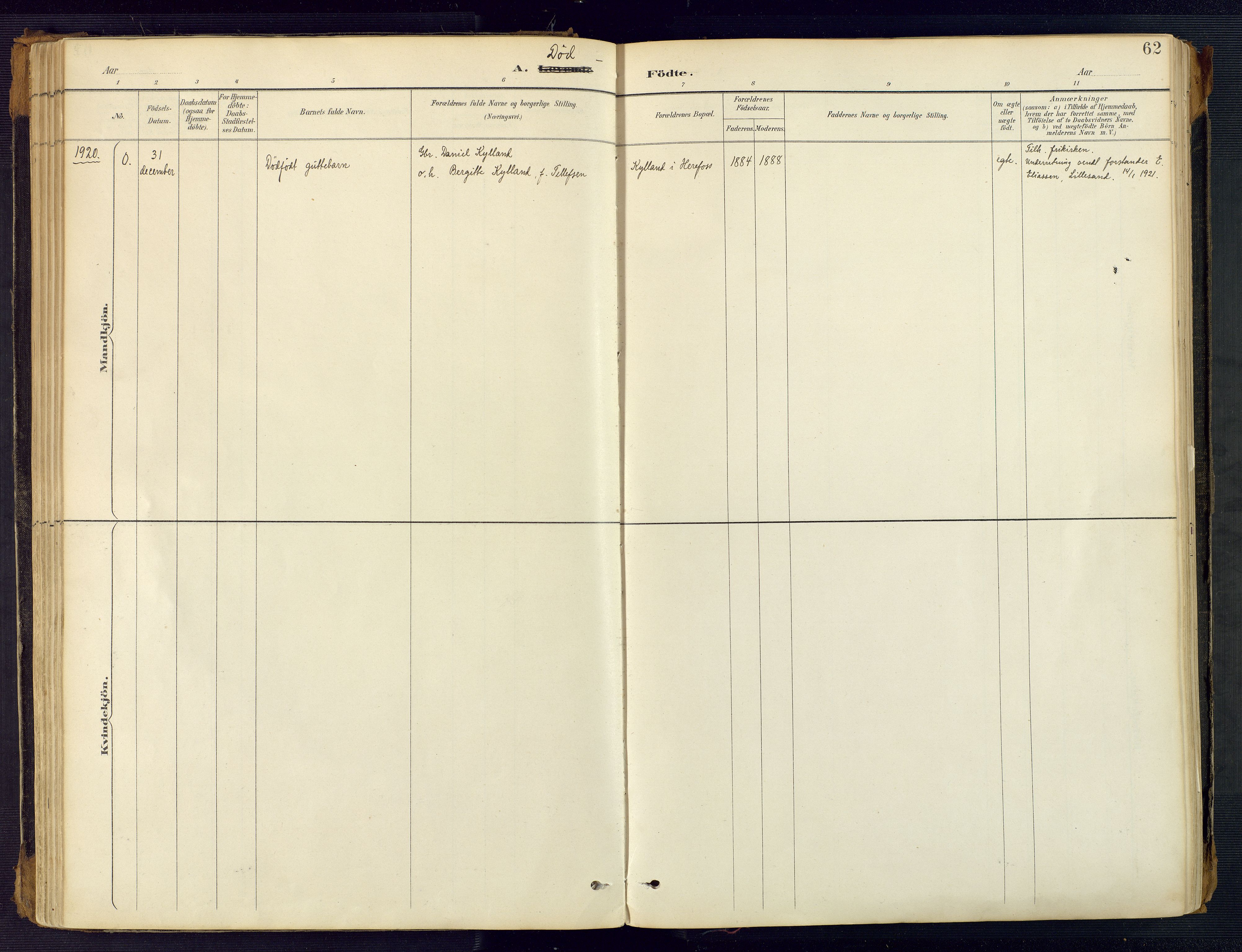 Herefoss sokneprestkontor, AV/SAK-1111-0019/F/Fa/Faa/L0003: Parish register (official) no. A 3, 1887-1930, p. 62