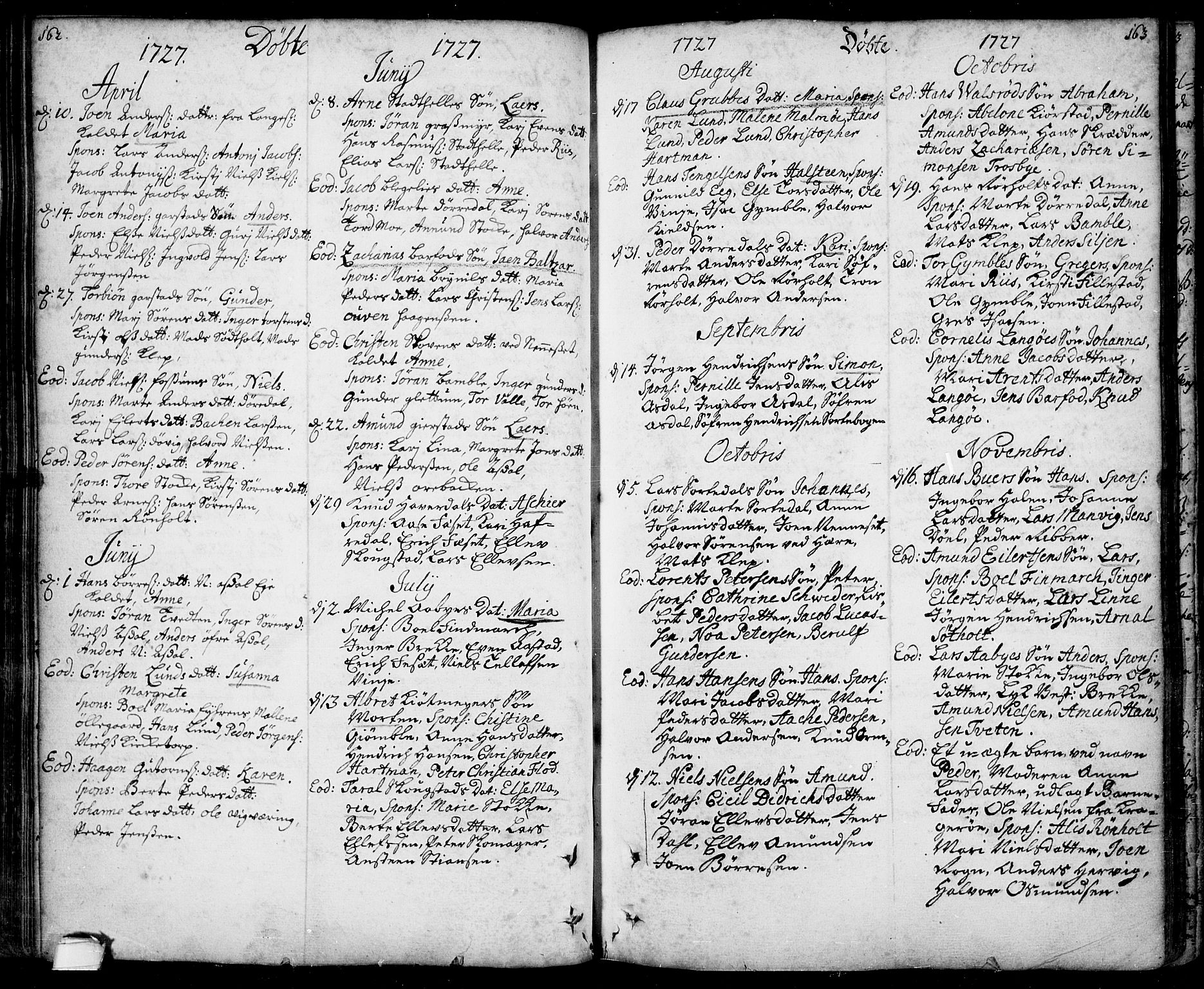 Bamble kirkebøker, SAKO/A-253/F/Fa/L0001: Parish register (official) no. I 1, 1702-1774, p. 162-163