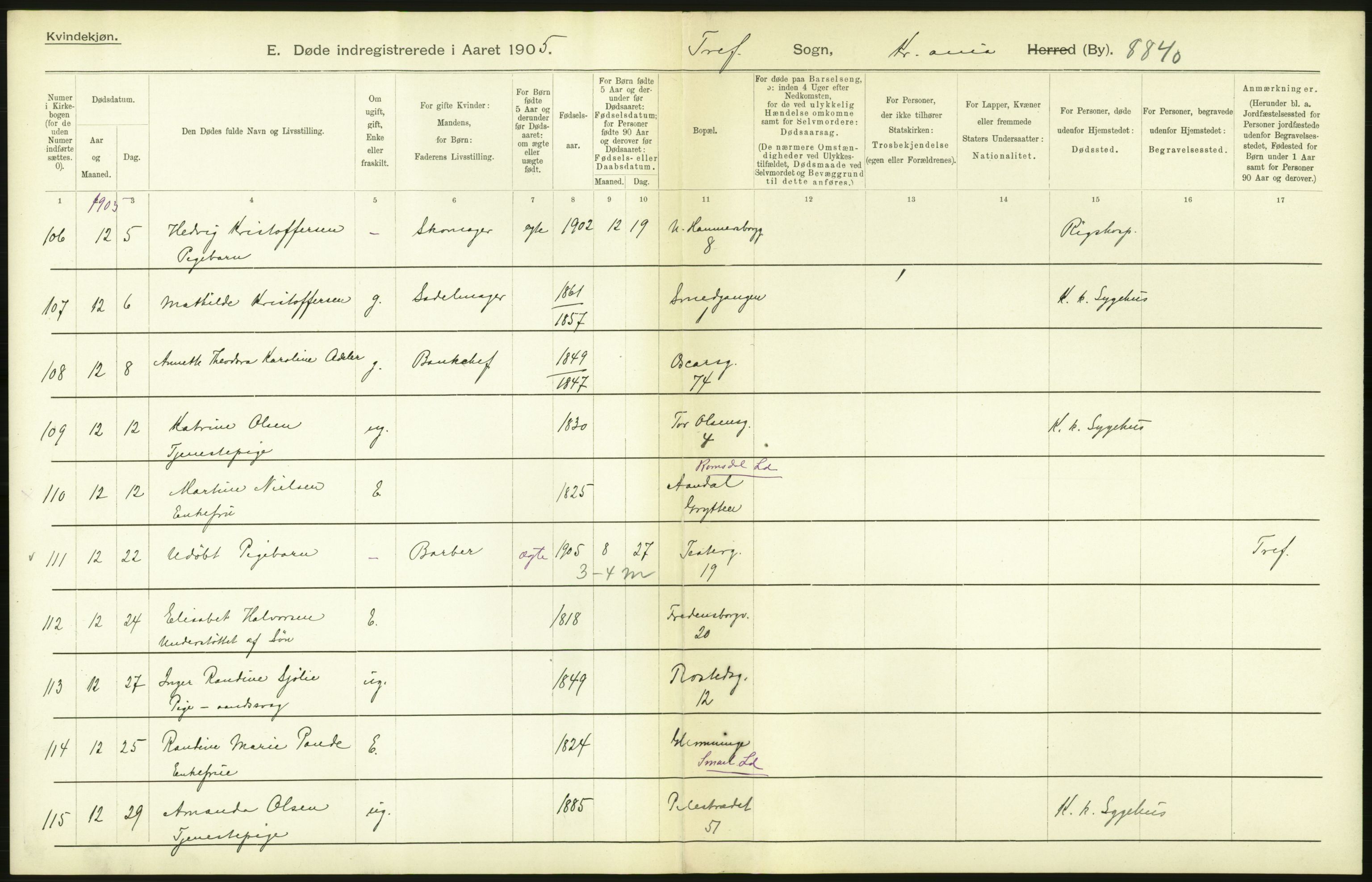 Statistisk sentralbyrå, Sosiodemografiske emner, Befolkning, AV/RA-S-2228/D/Df/Dfa/Dfac/L0007a: Kristiania: Døde, dødfødte., 1905, p. 472