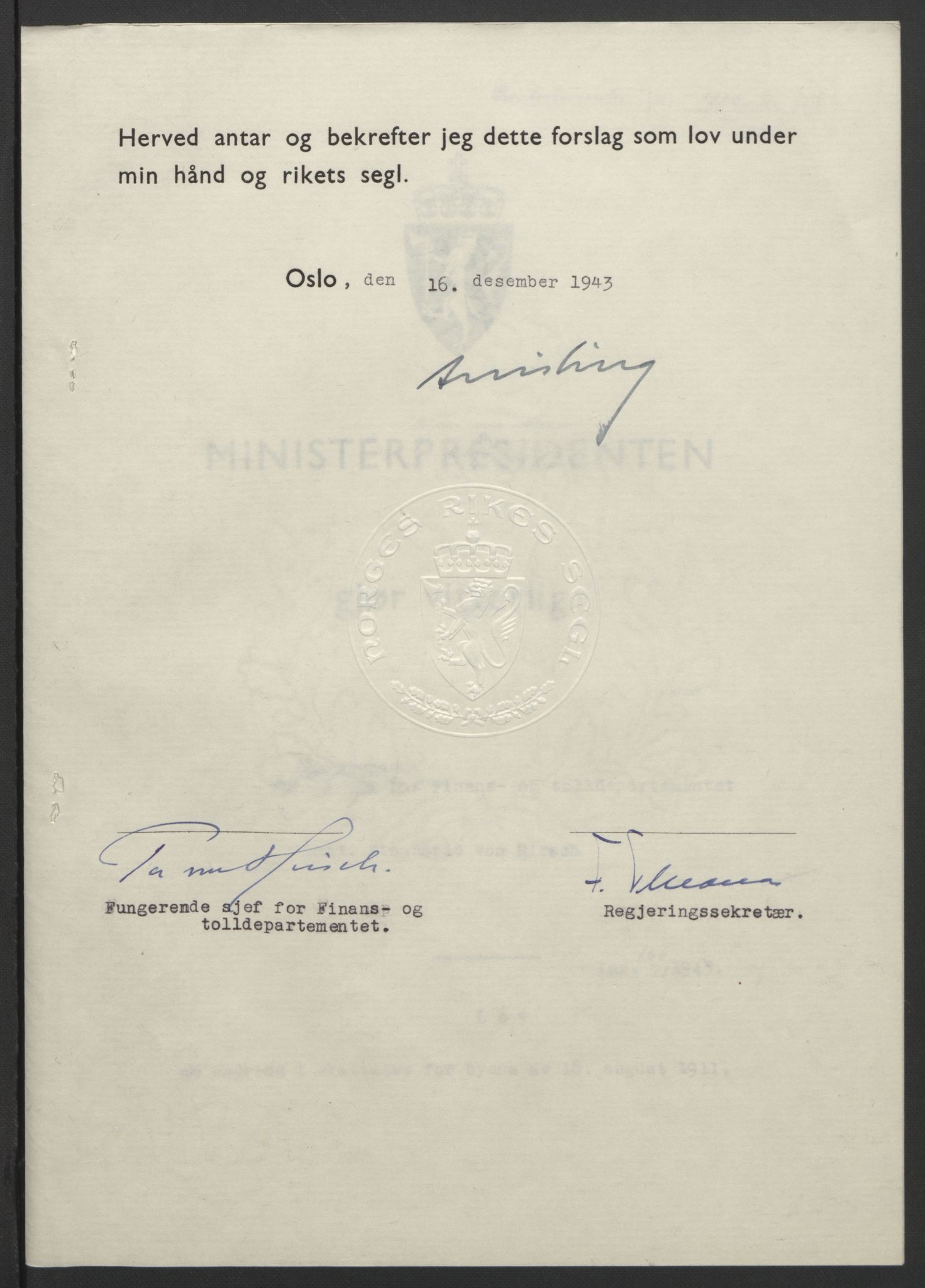 NS-administrasjonen 1940-1945 (Statsrådsekretariatet, de kommisariske statsråder mm), AV/RA-S-4279/D/Db/L0099: Lover, 1943, p. 786