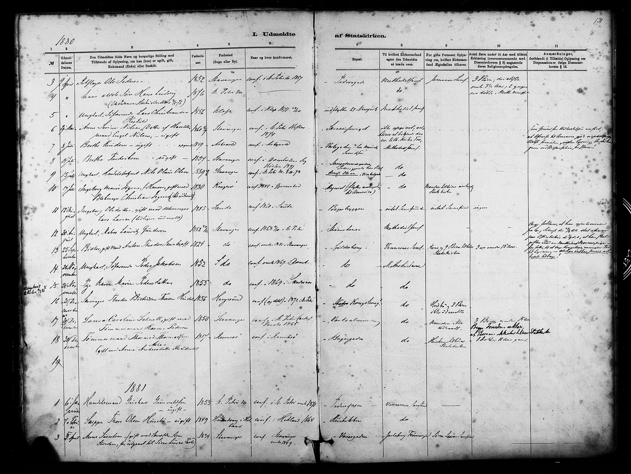 St. Petri sokneprestkontor, SAST/A-101813/001/30/30BA/L0011: Parish register (official) no. A 11, 1879-1892, p. 131