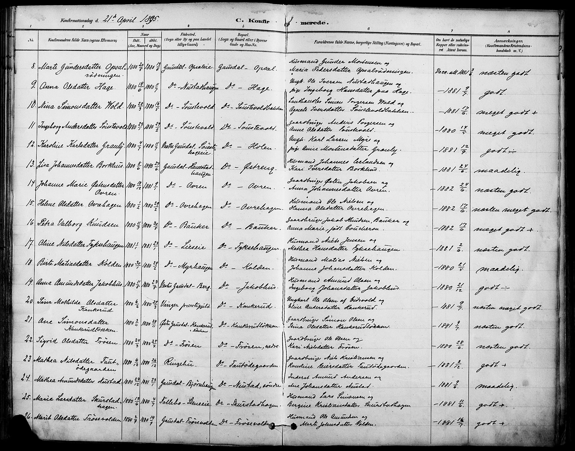 Østre Gausdal prestekontor, SAH/PREST-092/H/Ha/Haa/L0002: Parish register (official) no. 2, 1887-1897, p. 96h