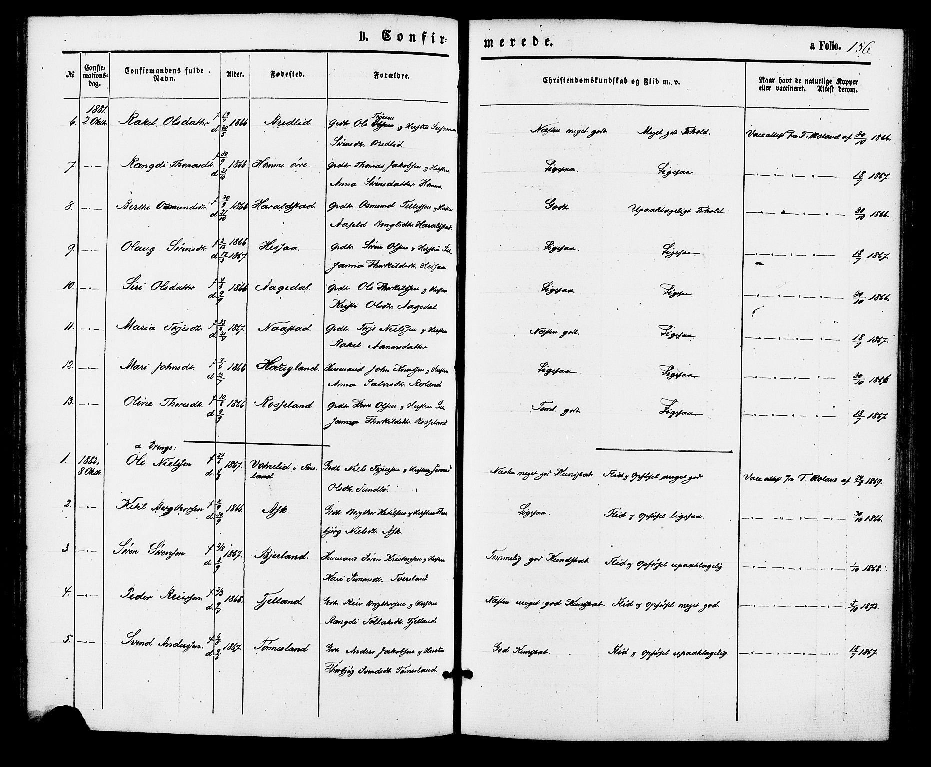 Bjelland sokneprestkontor, SAK/1111-0005/F/Fa/Faa/L0003: Parish register (official) no. A 3, 1867-1887, p. 156