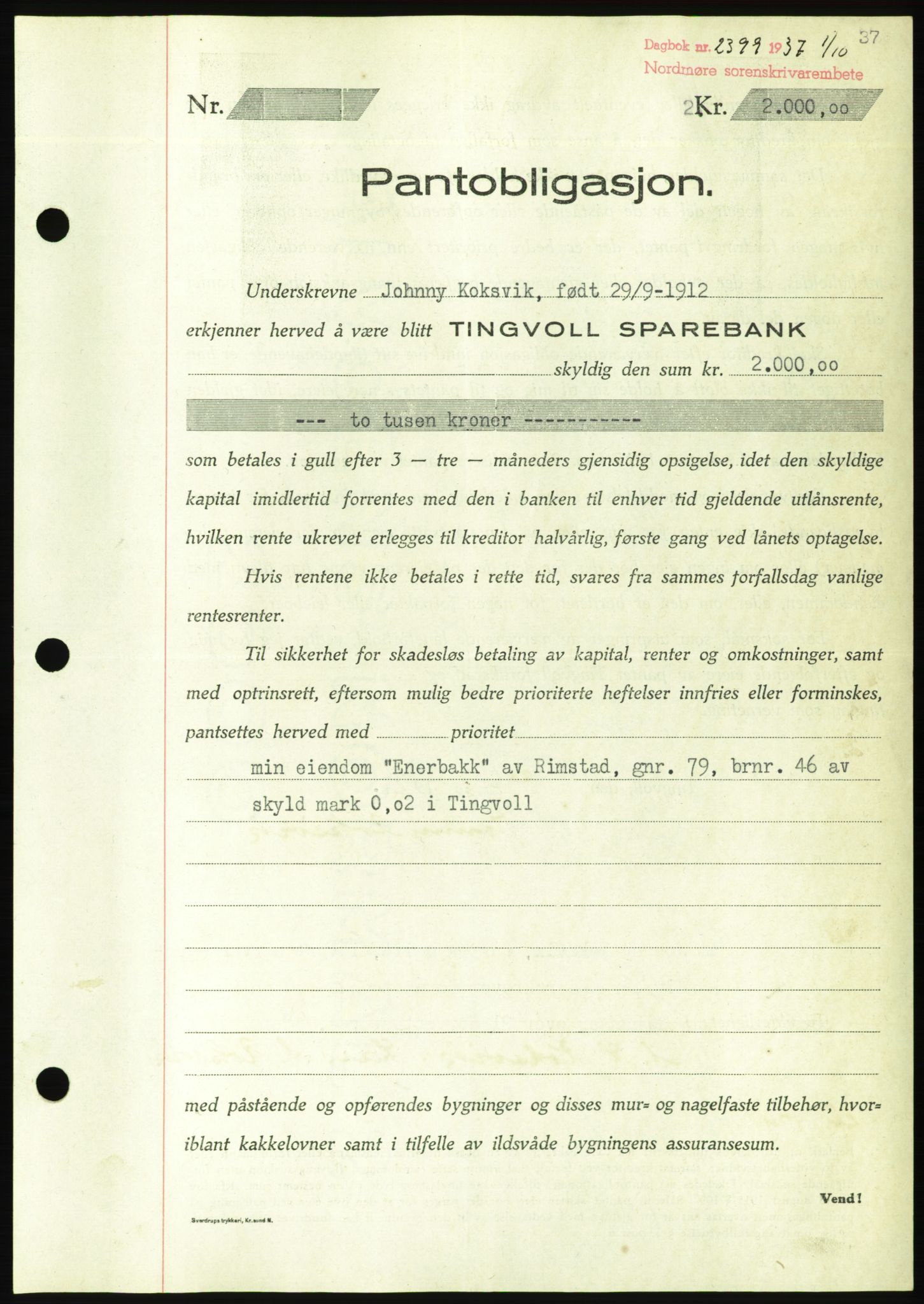 Nordmøre sorenskriveri, AV/SAT-A-4132/1/2/2Ca/L0092: Mortgage book no. B82, 1937-1938, Diary no: : 2399/1937