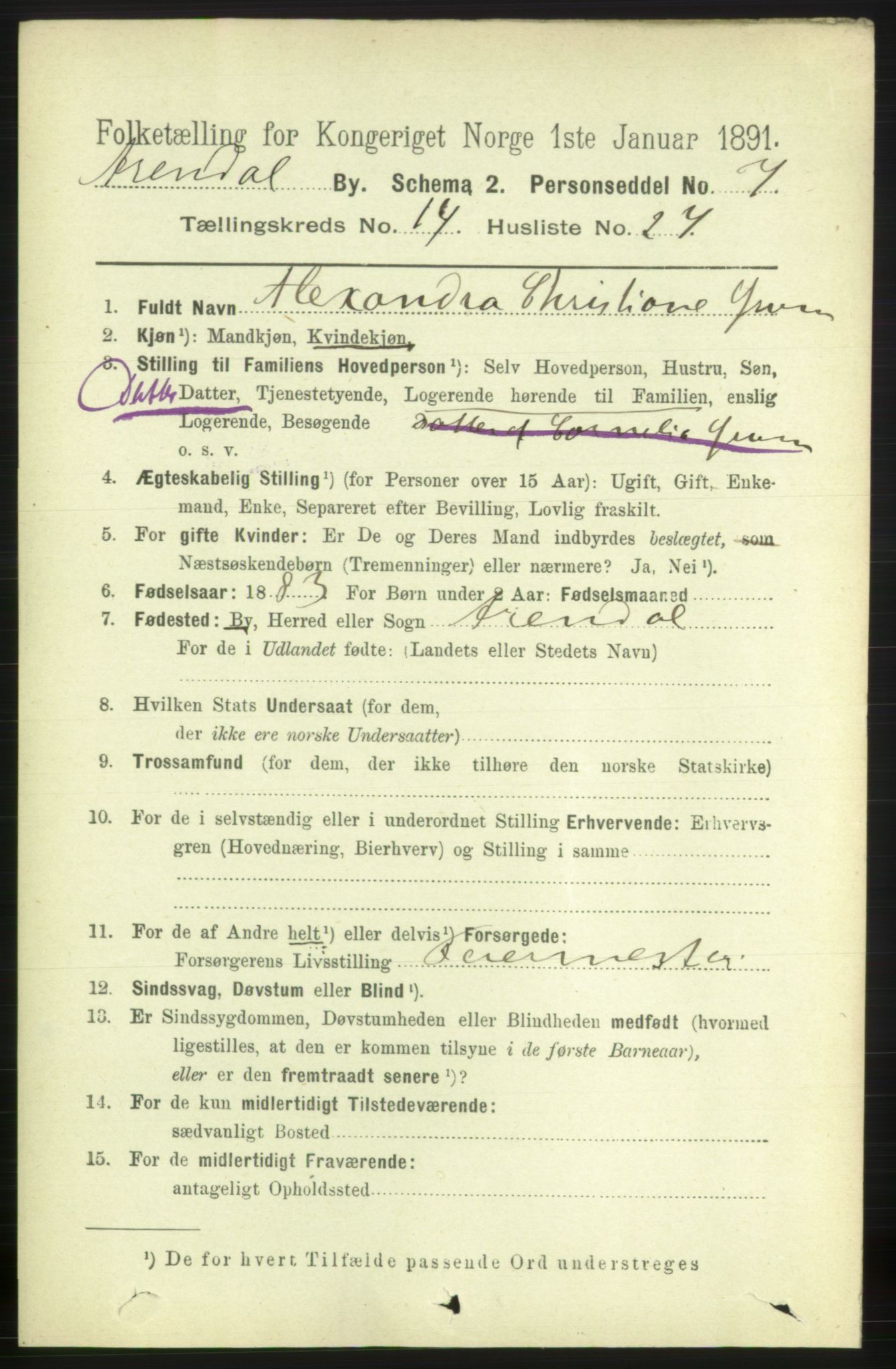 RA, 1891 census for 0903 Arendal, 1891, p. 5023