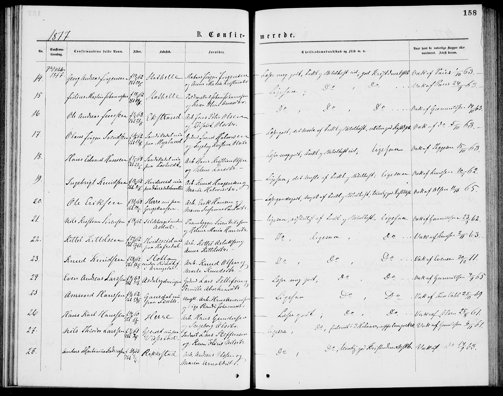 Bamble kirkebøker, AV/SAKO-A-253/G/Ga/L0007: Parish register (copy) no. I 7, 1876-1877, p. 158