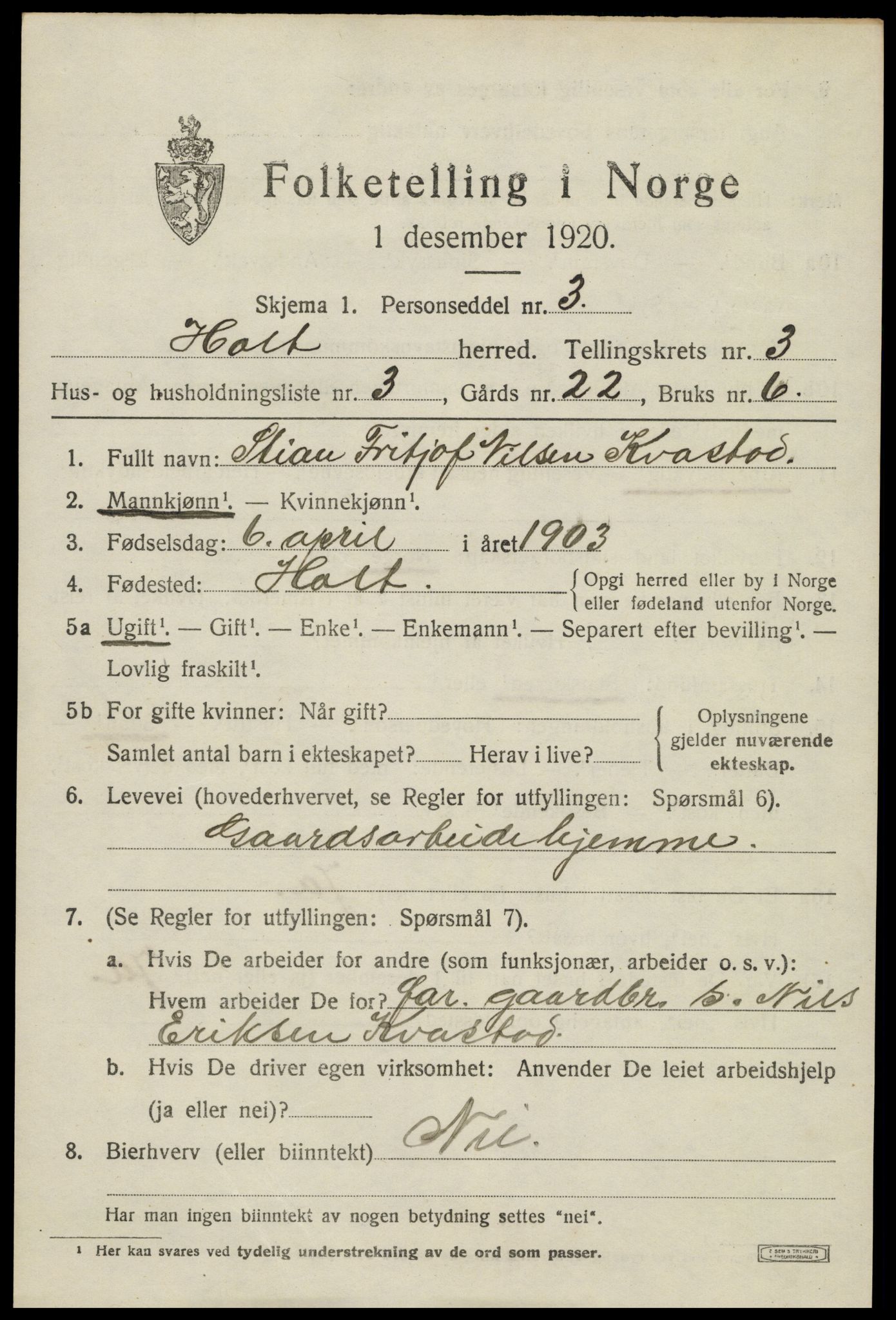 SAK, 1920 census for Holt, 1920, p. 2414