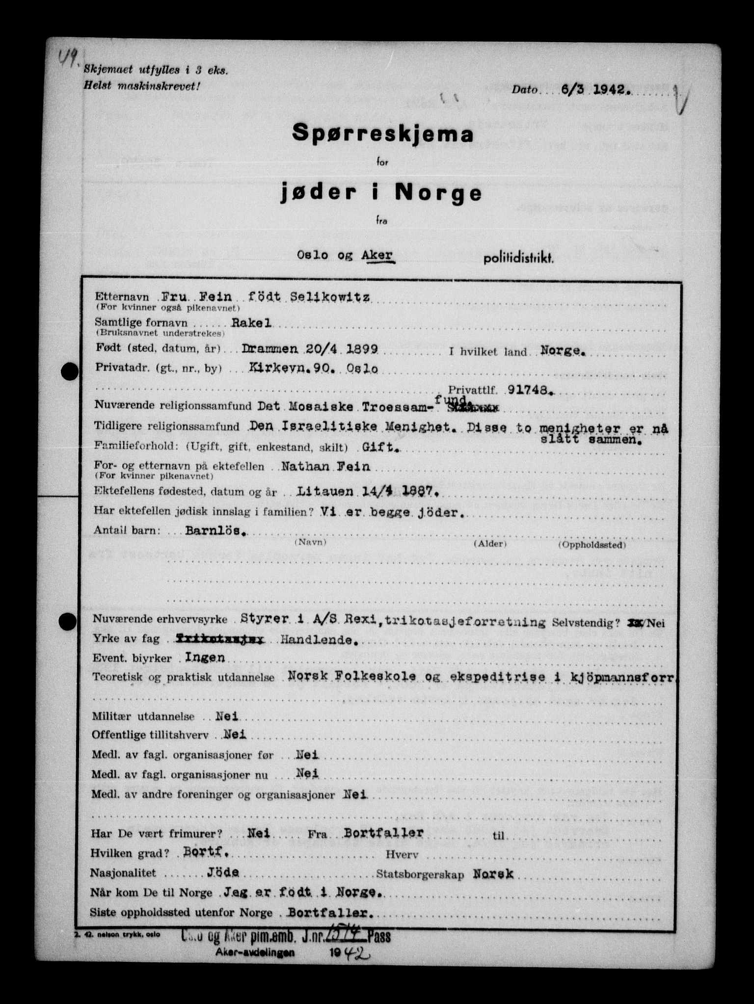 Statspolitiet - Hovedkontoret / Osloavdelingen, AV/RA-S-1329/G/Ga/L0011: Spørreskjema for jøder i Norge. 1: Oslo 610-806 (Plavnik-Zwillinger). 2: Aker 1-113 (Adler-Lewin). , 1942, p. 732