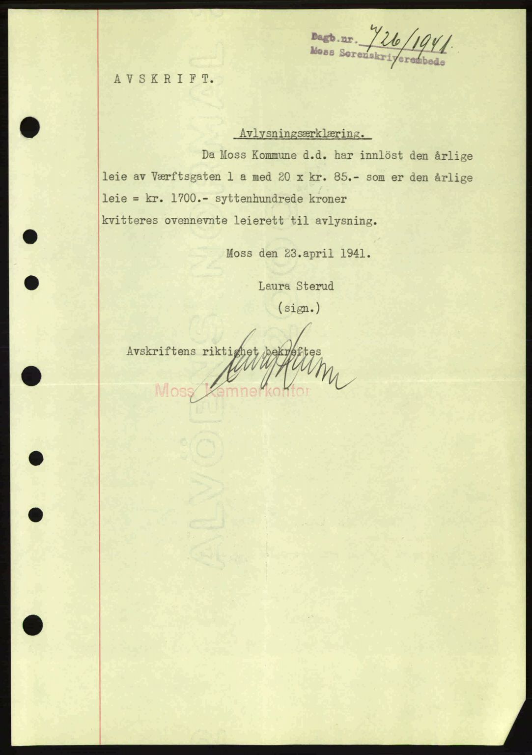 Moss sorenskriveri, SAO/A-10168: Mortgage book no. B10, 1940-1941, Diary no: : 726/1941