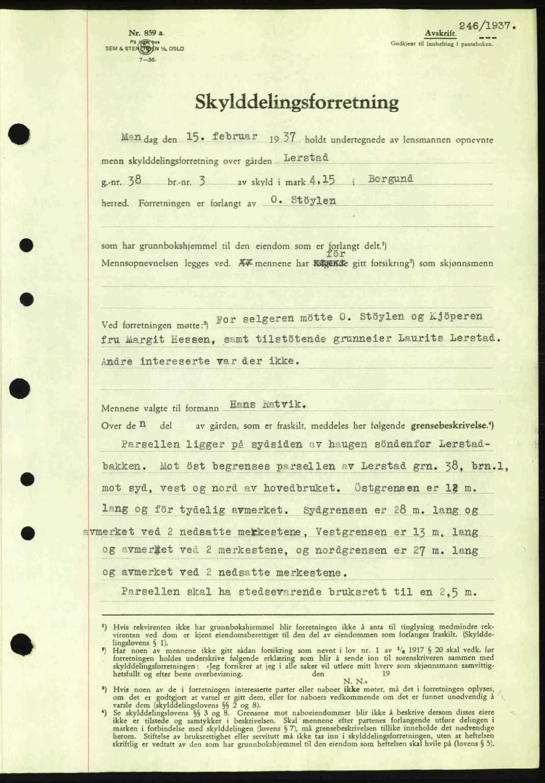 Nordre Sunnmøre sorenskriveri, AV/SAT-A-0006/1/2/2C/2Ca: Mortgage book no. A2, 1936-1937, Diary no: : 246/1937