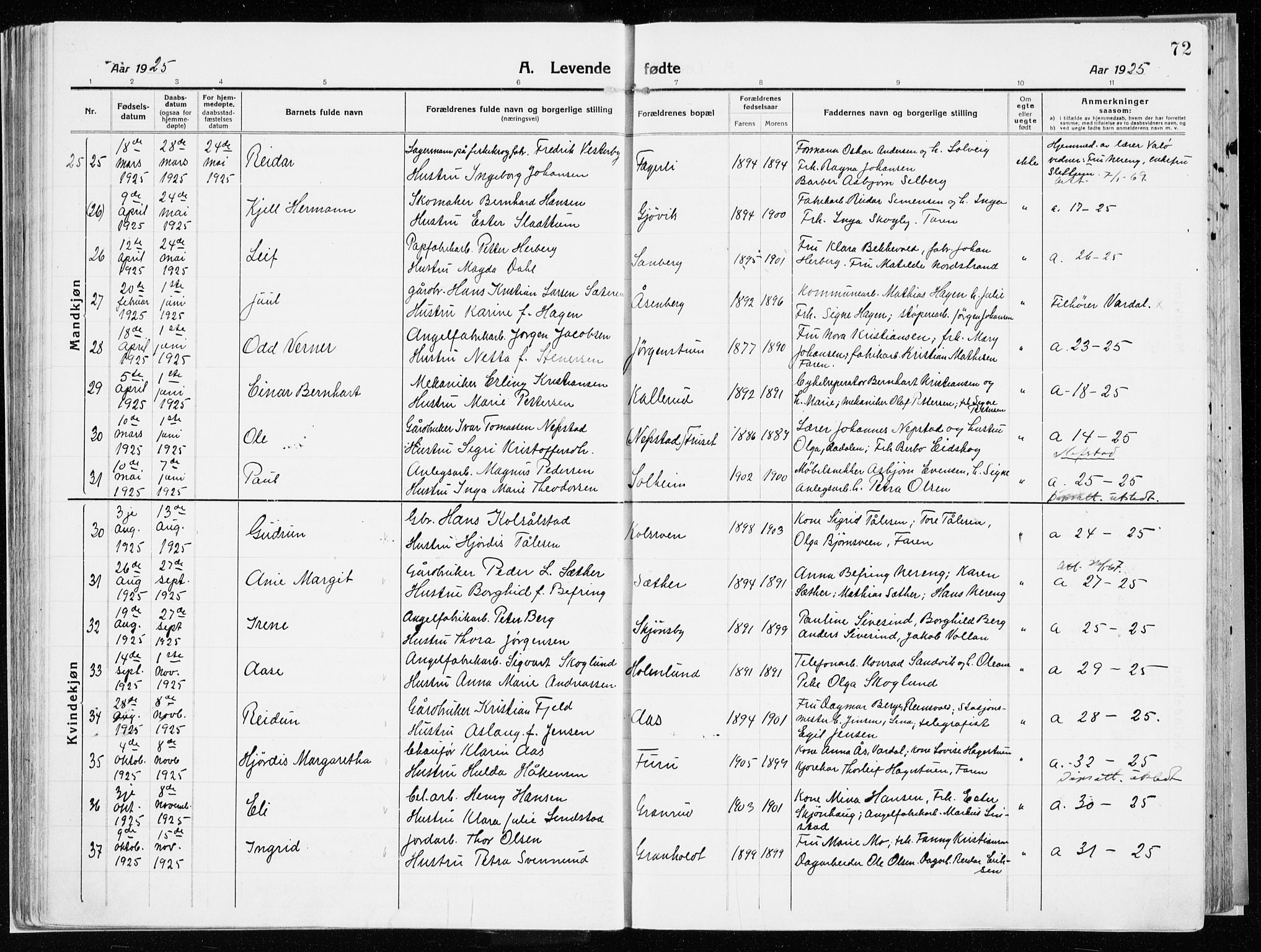 Vardal prestekontor, AV/SAH-PREST-100/H/Ha/Haa/L0017: Parish register (official) no. 17, 1915-1929, p. 72