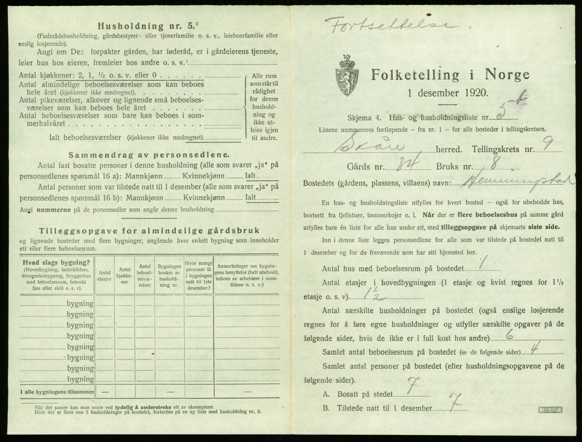 SAST, 1920 census for Skåre, 1920, p. 333