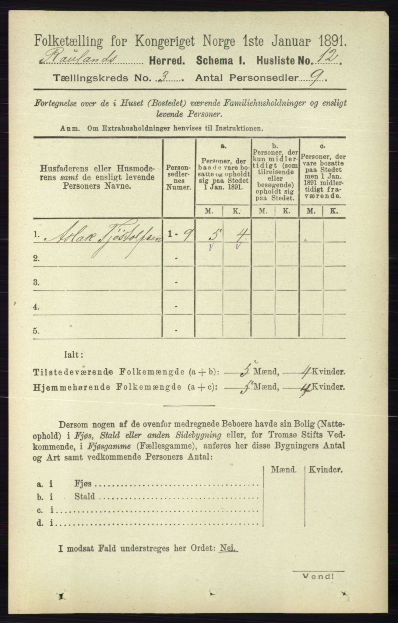 RA, 1891 census for 0835 Rauland, 1891, p. 748