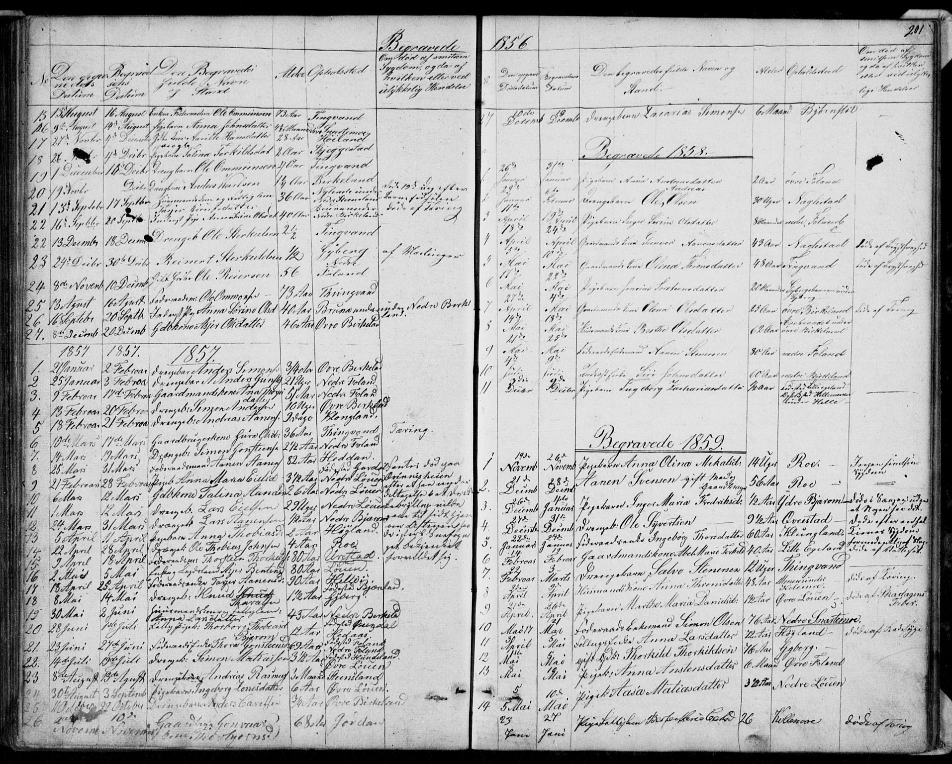 Hægebostad sokneprestkontor, SAK/1111-0024/F/Fb/Fba/L0002: Parish register (copy) no. B 2, 1851-1882, p. 201