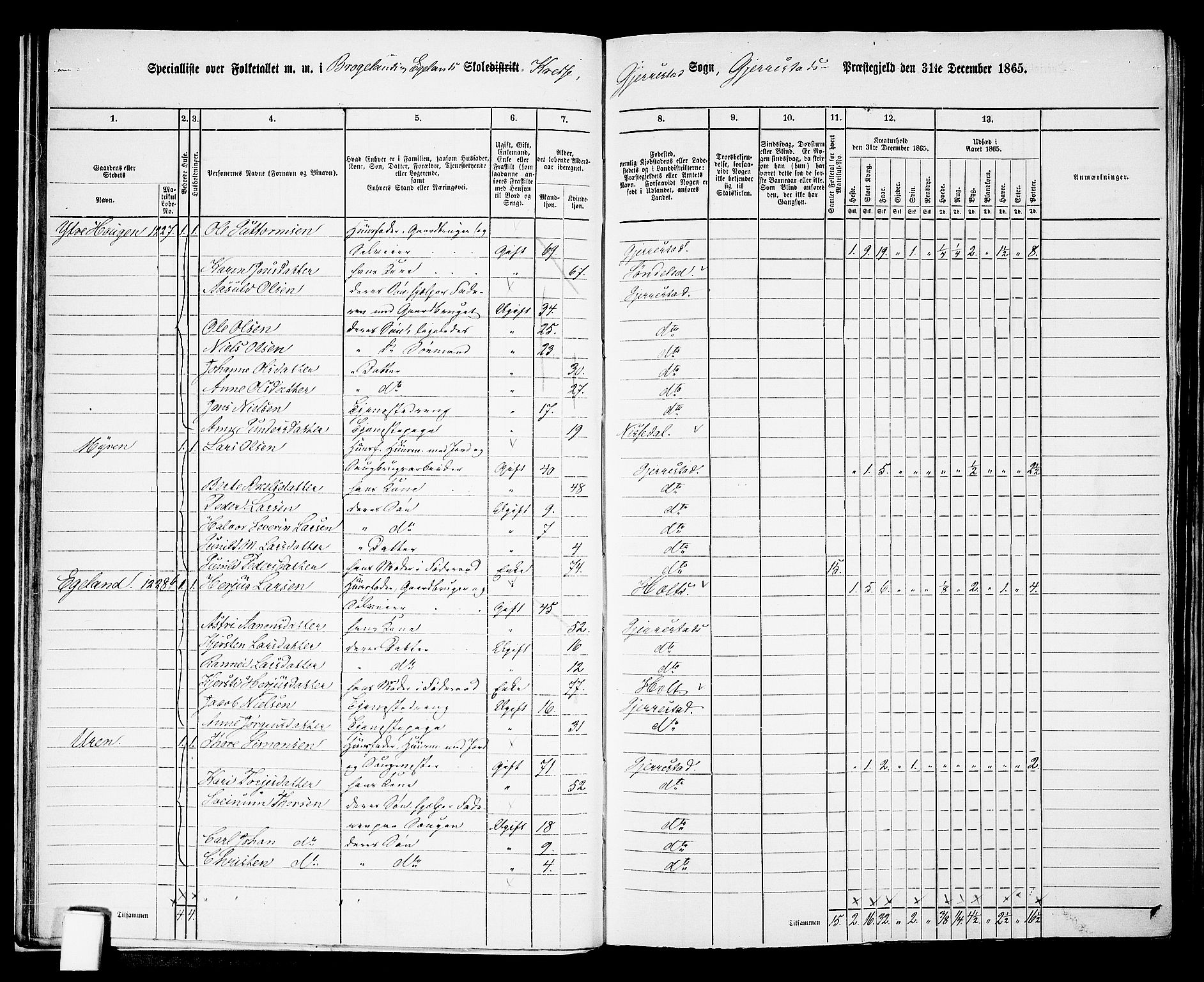 RA, 1865 census for Gjerstad, 1865, p. 17