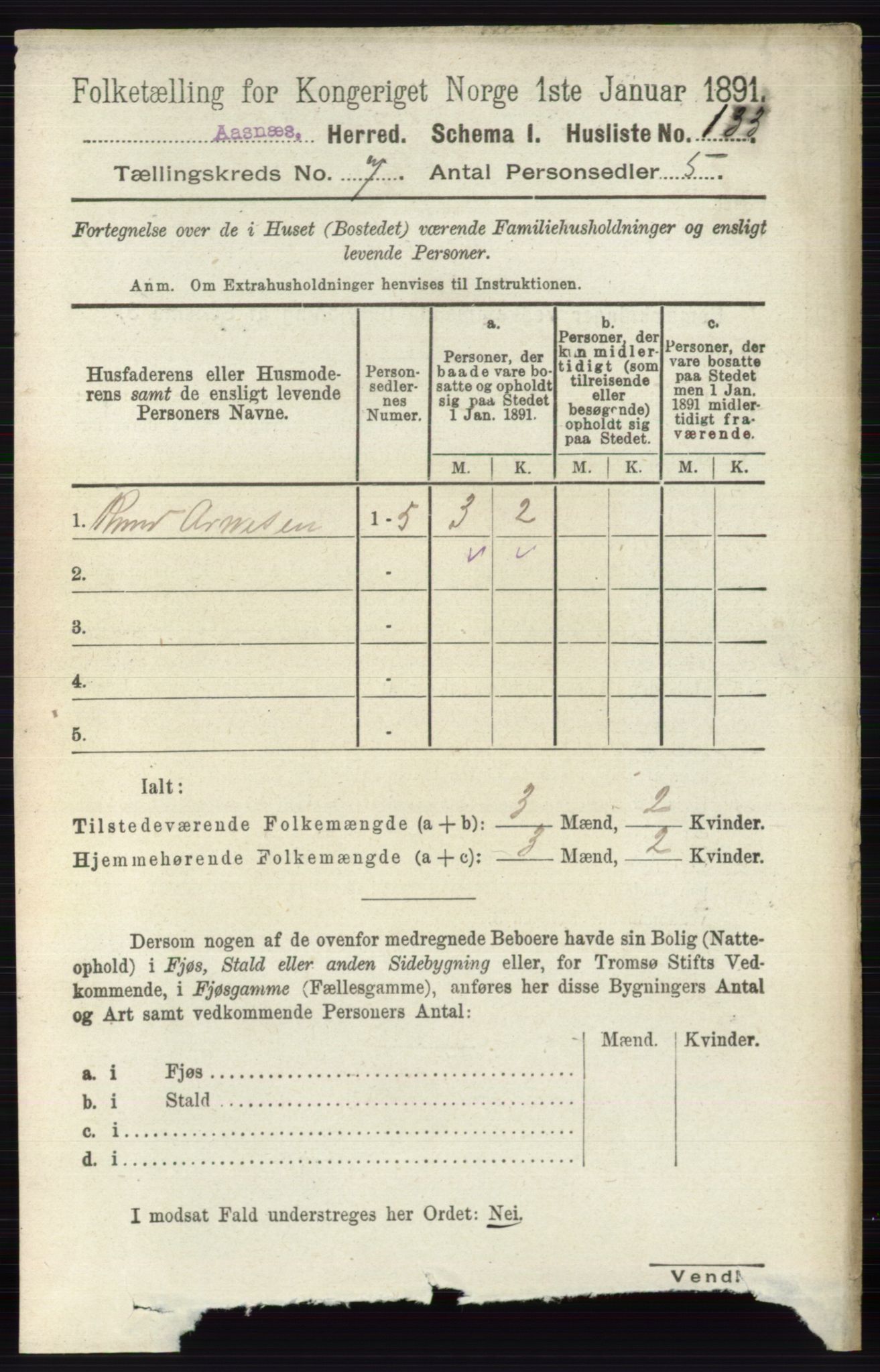 RA, 1891 census for 0425 Åsnes, 1891, p. 3369