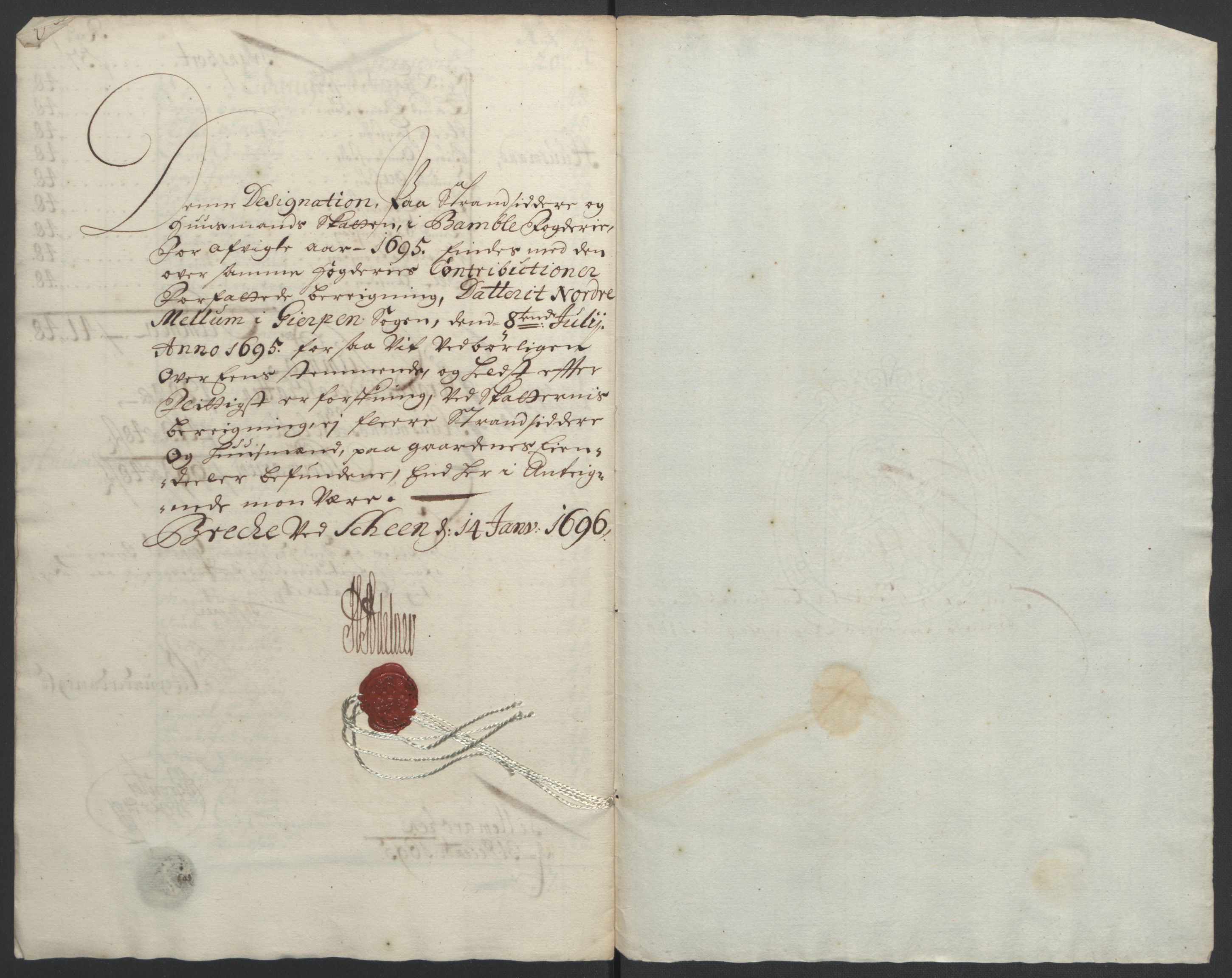 Rentekammeret inntil 1814, Reviderte regnskaper, Fogderegnskap, AV/RA-EA-4092/R36/L2093: Fogderegnskap Øvre og Nedre Telemark og Bamble, 1695, p. 451