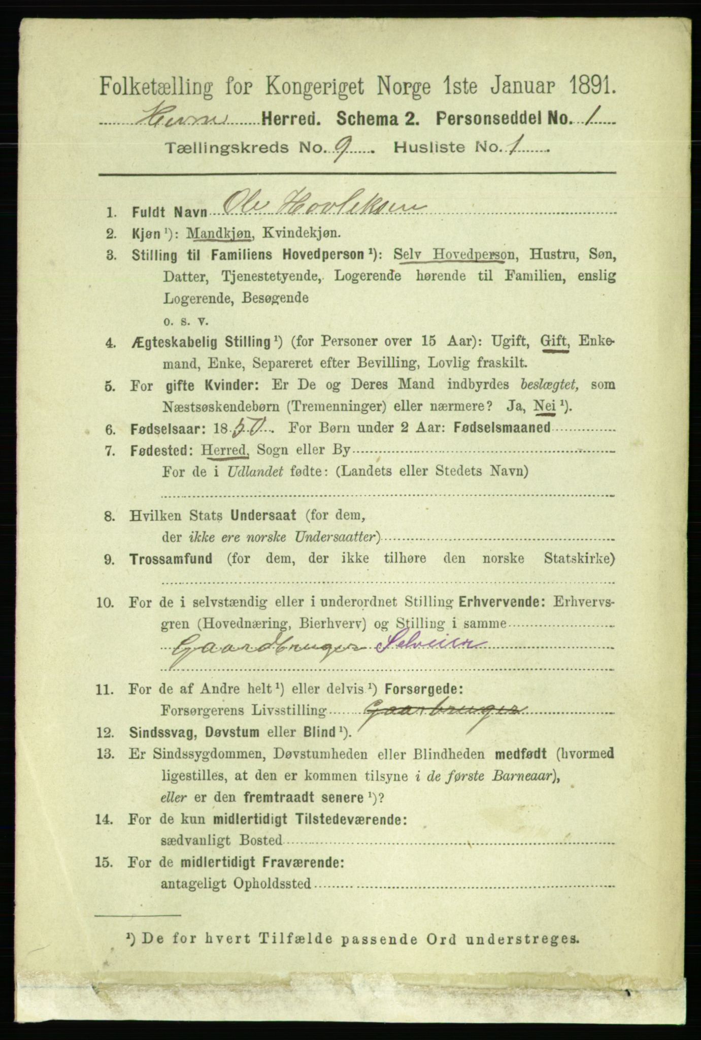 RA, 1891 census for 1612 Hemne, 1891, p. 5741